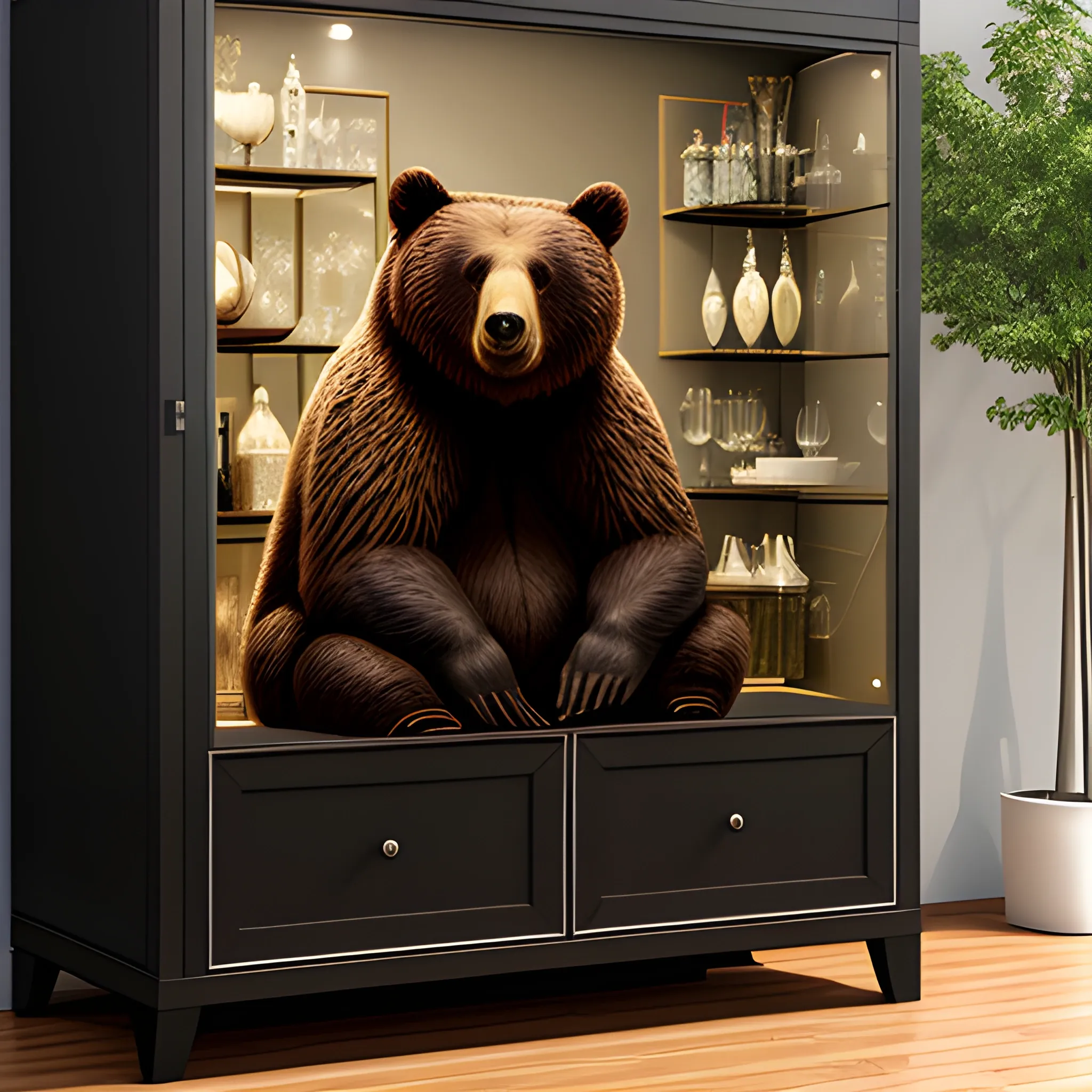 bear sitting next to beautiful girl, add black cabinet, hyper realistic, 4k, magical, 3D cristal