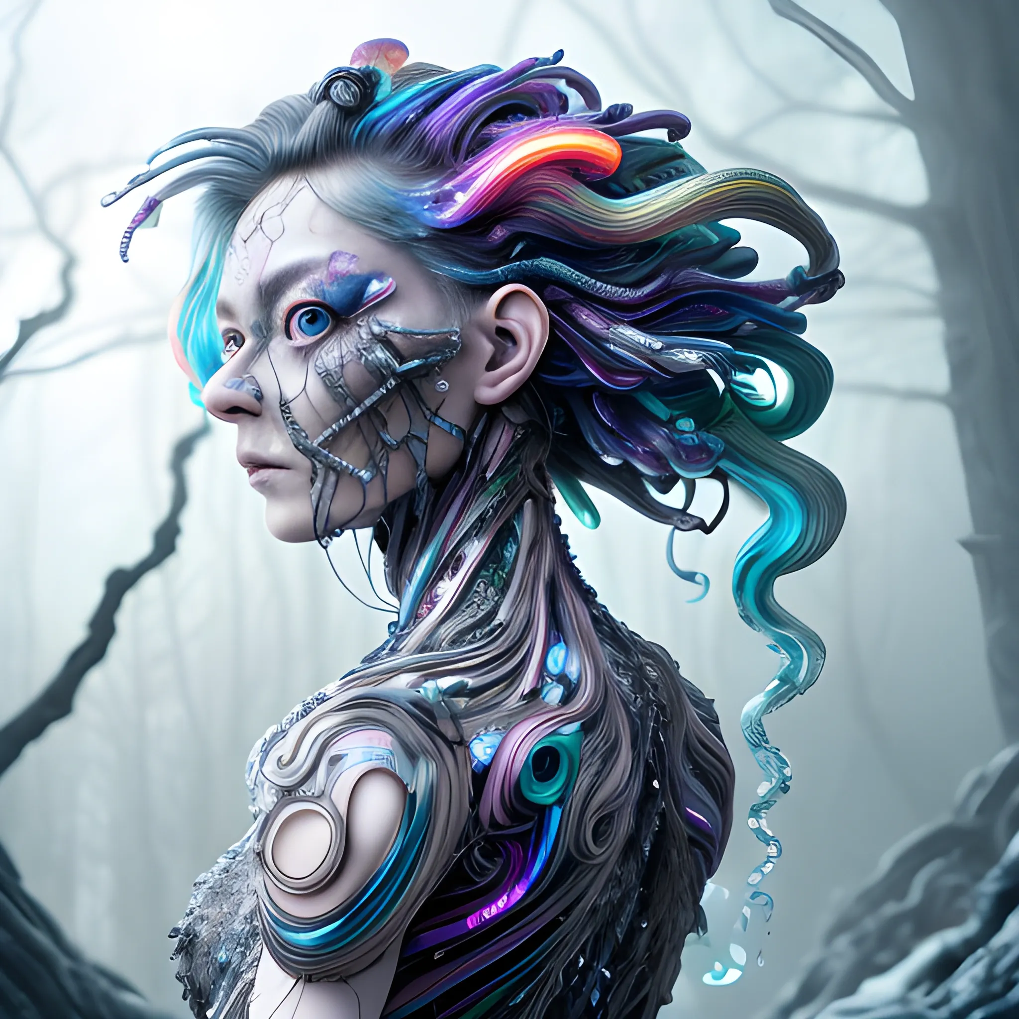 Manabu Ikeda inspired realistic whole body photo of a aged and victorian half-human half-electric posing in a magical forest. Its ready for a battle. Its skin is made of neon colored crystal that covers the skin entirely. Its hair has rainbow coloured details. Its eyes are ice blue coloured. The camera angle is a wide. Its legs are visible. Hyper realistic, sharpen details, detailed skin, sharpened eyes, cinematic, intricate details, (gorgeous face:1. 2), masterpiece, full-backside angle, dystopian, microscopic, night, high quality, detailed, masterpiece, best quality, highres, extremely detailed, (8k), (liquid mercury), circuits, (electrical charge), coils,