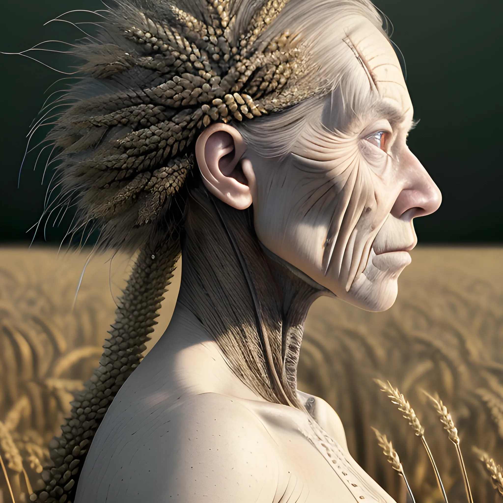 Manabu Ikeda inspired realistic whole body photo of a aged and victorian half-human half-wheat posing on a finnish countryside during summer afternoon. Its ready for a battle. Its skin is made of barley that covers the skin entirely. Its hair has hay details. The camera angle is a wide. Its legs are visible. Hyper realistic, sharpen details, detailed skin, sharpened eyes, cinematic, intricate details, (gorgeous face:1. 2), masterpiece, full-backside angle, microscopic, afternoon, high quality, detailed, masterpiece, best quality, highres, extremely detailed, (8k), 