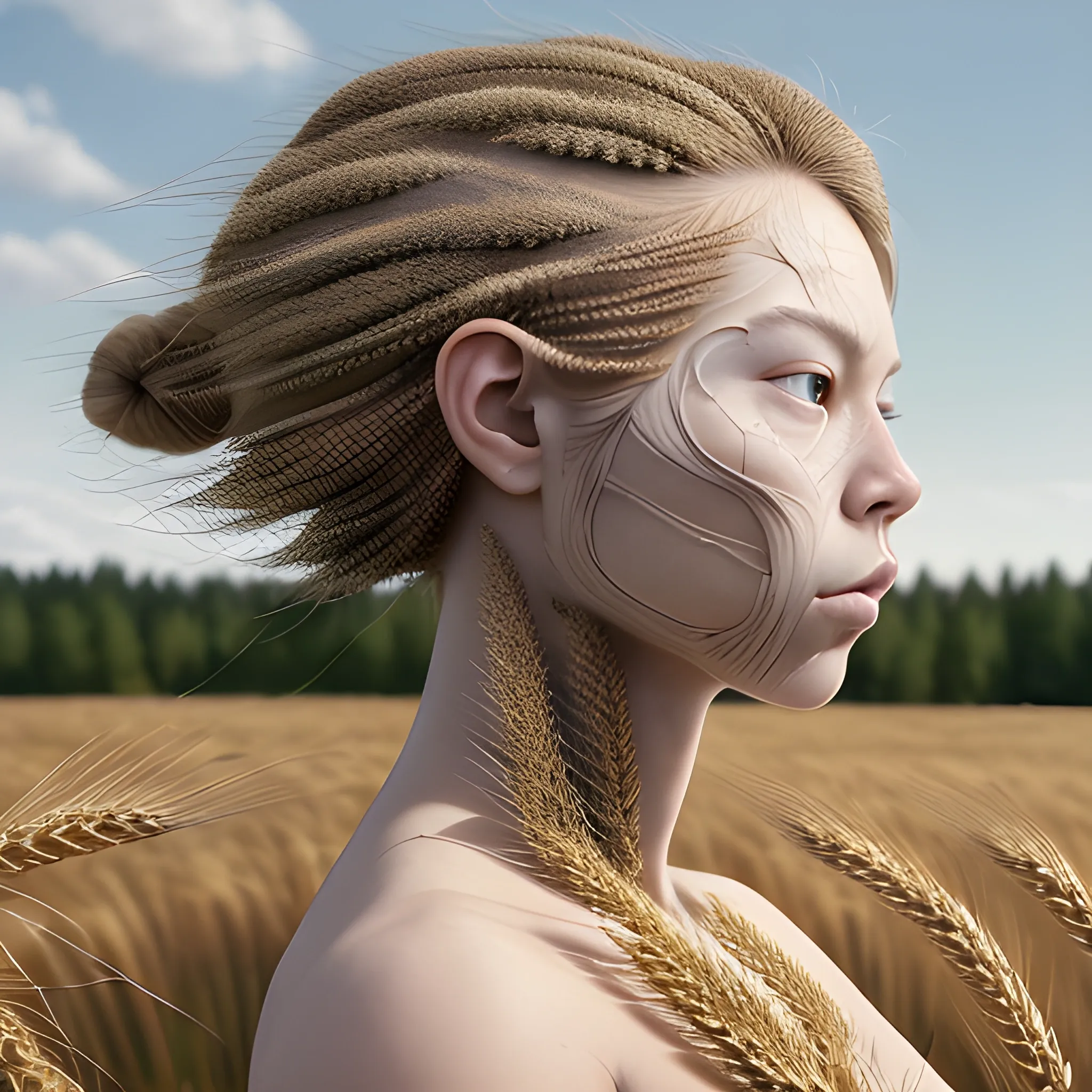 Manabu Ikeda inspired realistic whole body photo of half-human half-wheat posing on a finnish countryside during summer afternoon. Its ready for a battle. Its skin is made of barley that covers the skin entirely. Its hair has hay details. The camera angle is a wide. Its legs are visible. Hyper realistic, sharpen details, detailed skin, sharpened eyes, cinematic, intricate details, (gorgeous face:1. 2), masterpiece, full-backside angle, microscopic, afternoon, high quality, detailed, masterpiece, best quality, highres, extremely detailed, (8k), 