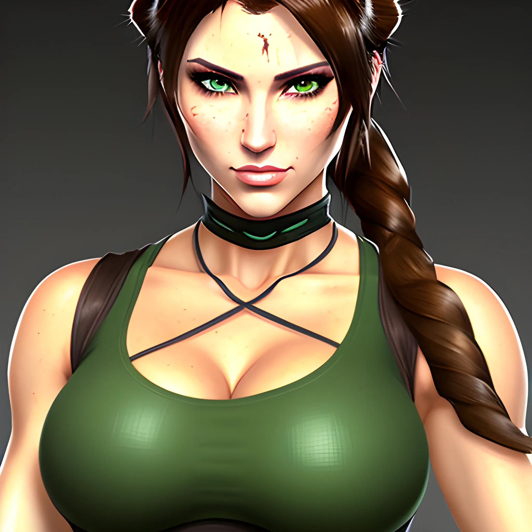 In the style of Anime, (masterpiece), (portrait photography), (portrait of an adult Caucasian female), cat ears, cargirl, Lara Croft from Rise of the Tomb Raider, bun hairstyle, large bun hairstyle, green eyes, white tanktop, exposed midriff