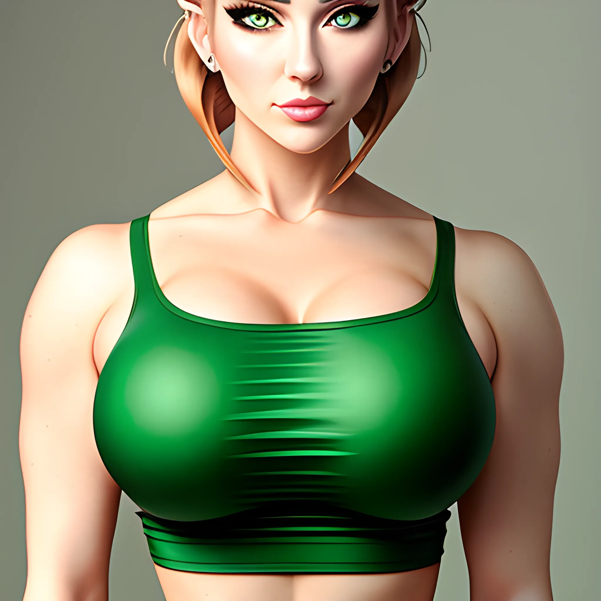 In the style of Anime, (masterpiece), (portrait photography), (portrait of an adult Caucasian female), cat ears, cargirl, bun hairstyle, large bun hairstyle, green eyes, white tanktop, exposed midriff, large bosom, chubby body, strong fat physique, tanned skin, blond hair