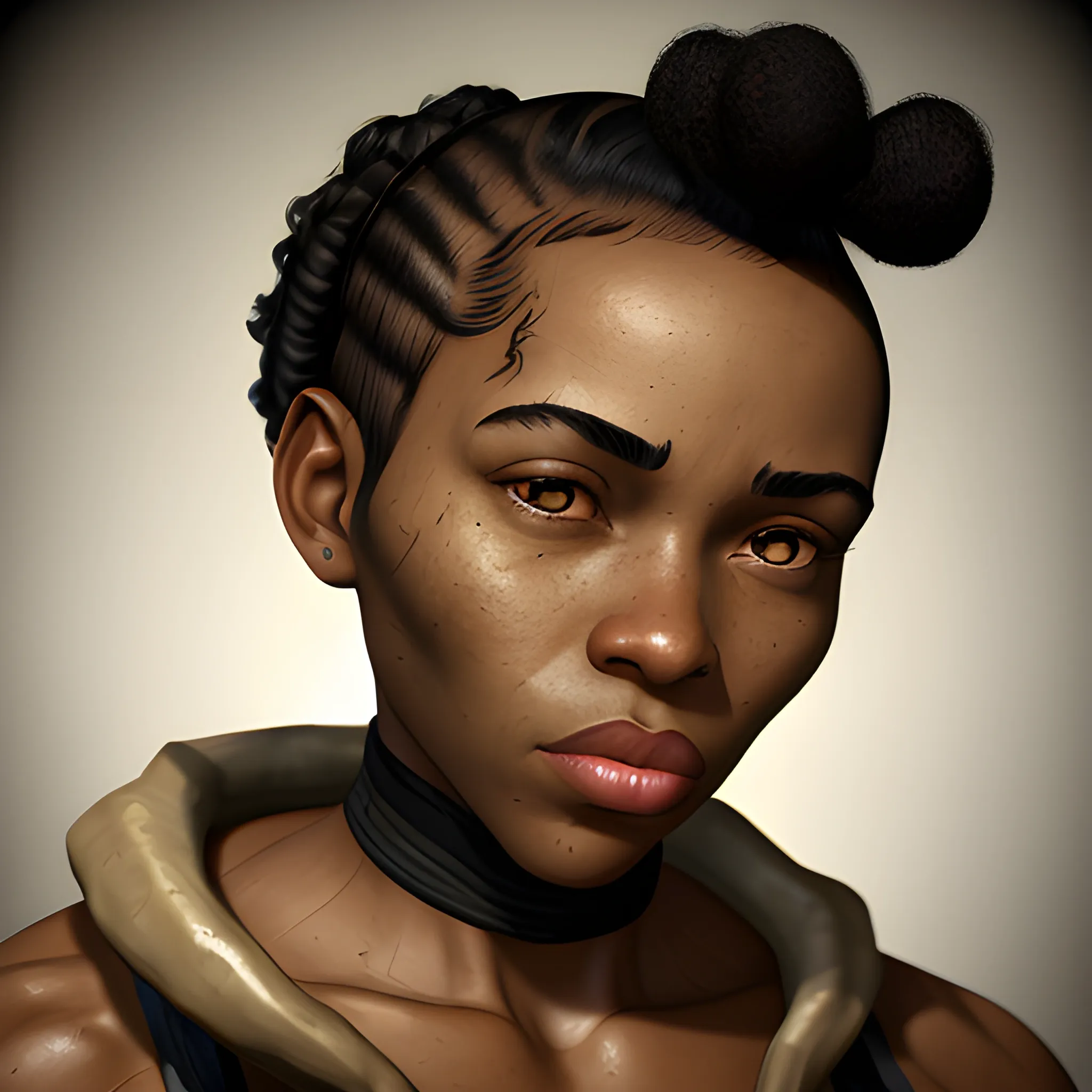 In the style of fallout 1, (masterpiece), (portrait photography), (portrait of an adult African-American feminine male), no makeup, flat chested, white sports bra, bun hairstyle, black curly hair, black hair, brown eyes, sloped shoulders, fit body, full lips, strong jaw, round button nose