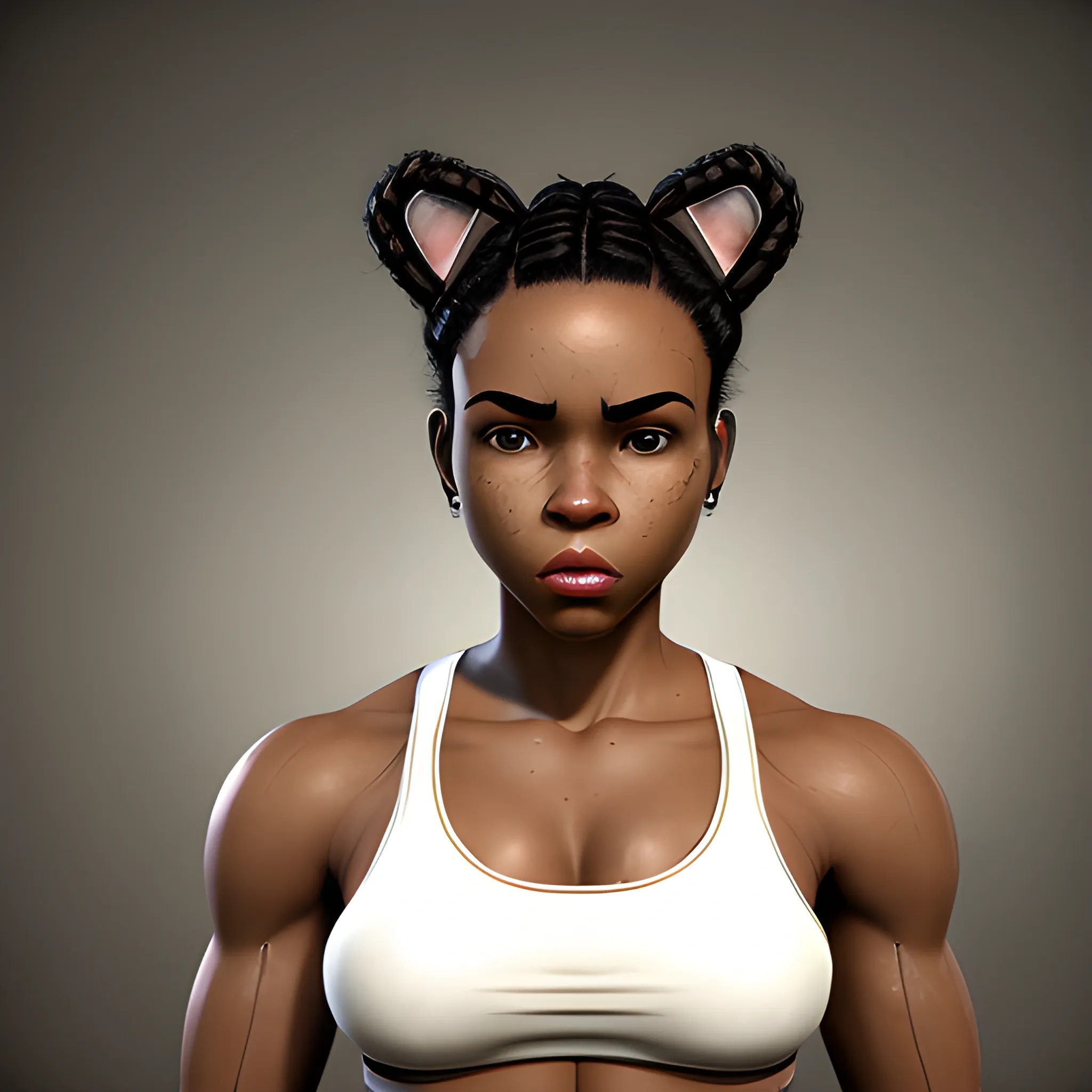 In the style of fallout 1, (masterpiece), (portrait photography), (portrait of an adult African-American feminine male), no makeup, flat chested, white sports bra, bun hairstyle, black curly hair, black hair, brown eyes, sloped shoulders, fit body, full lips, strong jaw, round button nose, cat ears