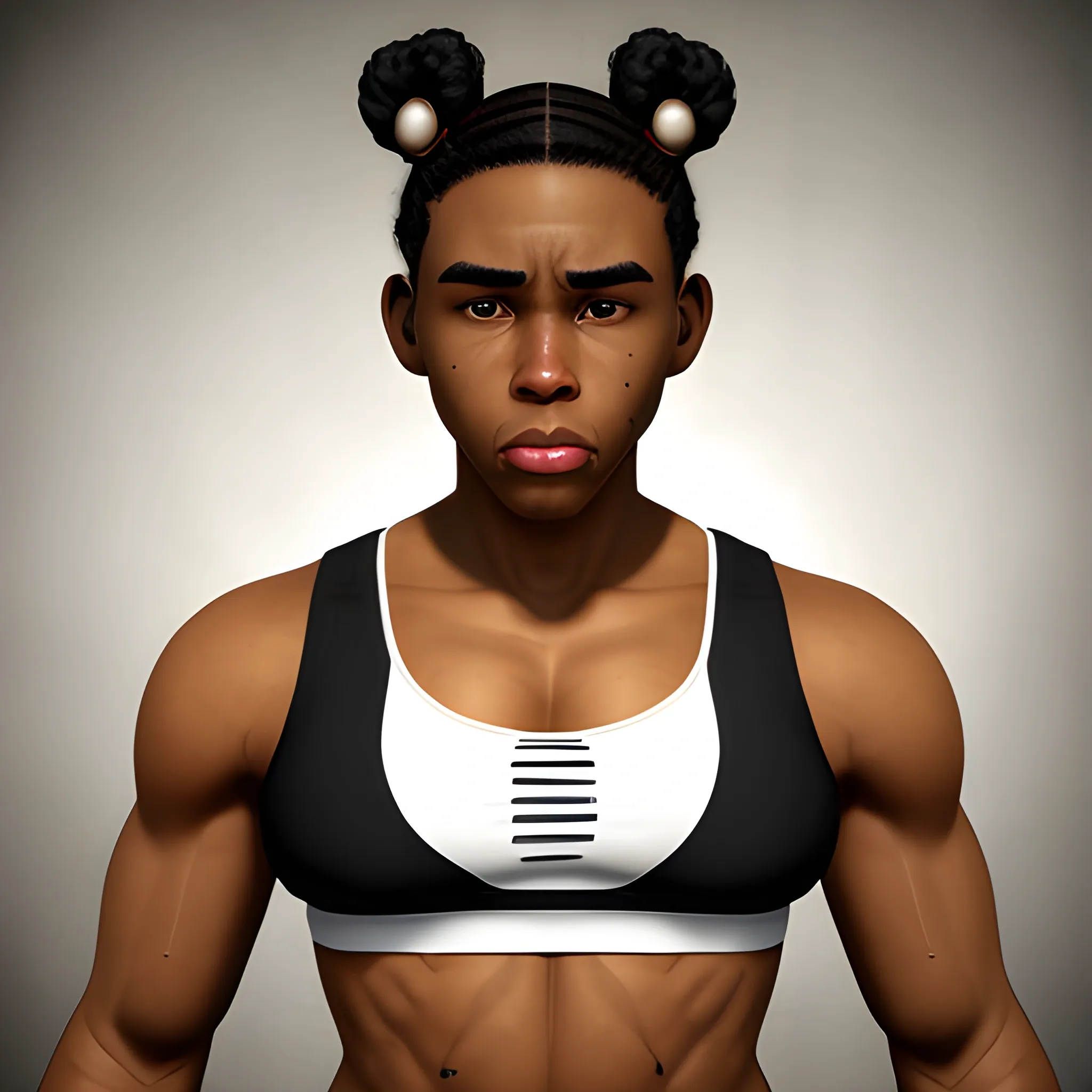 In the style of fallout 1, (masterpiece), (portrait photography), (portrait of an adult African-American feminine male), no makeup, flat chested, white sports bra, bun hairstyle, black curly hair, black hair, brown eyes, sloped shoulders, fit body, full lips, strong jaw, round button nose, cat ears