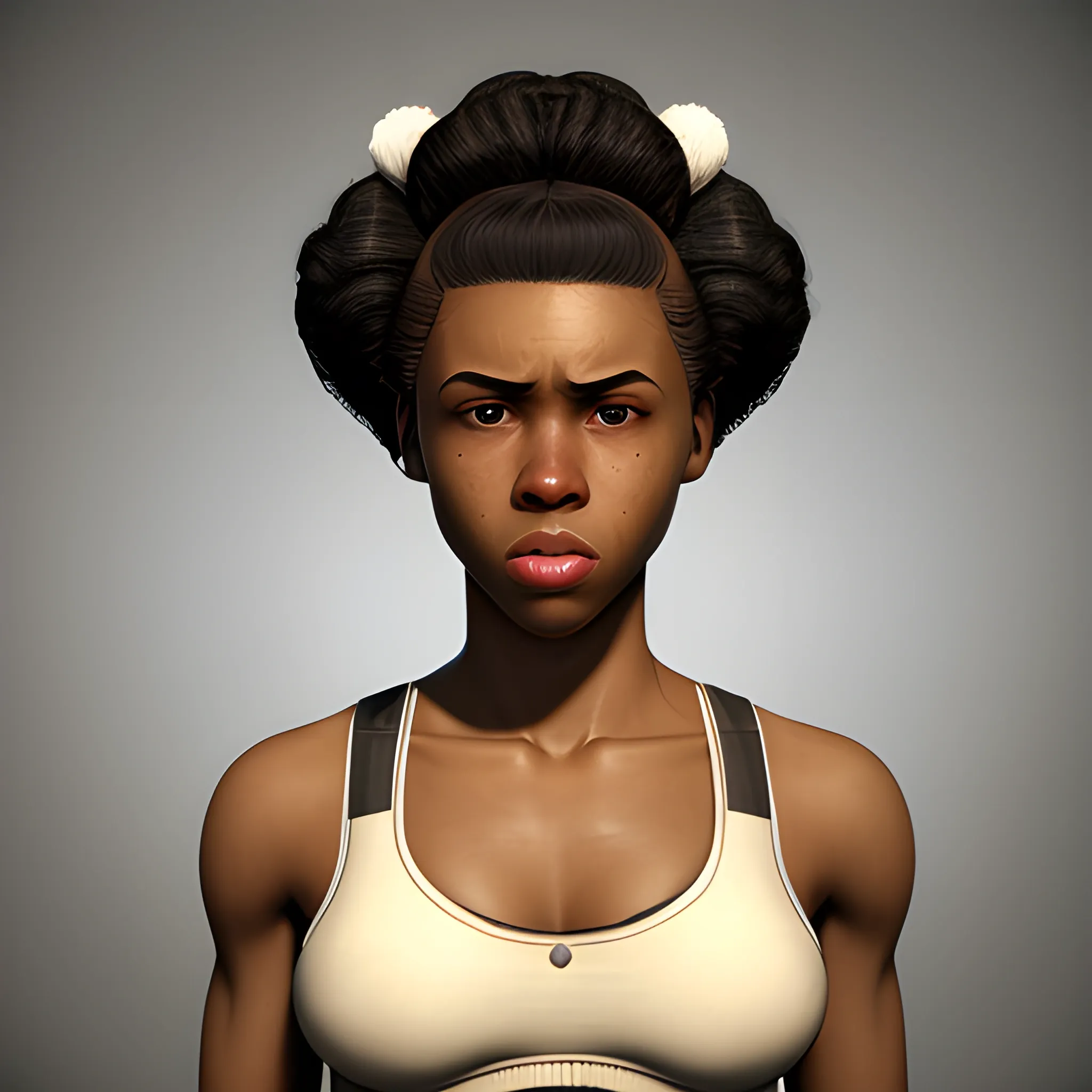 In the style of fallout 1, (masterpiece), (portrait photography), (portrait of an African-American feminine male), no makeup, flat chested, white sports bra, bun hairstyle, black curly hair, black hair, brown eyes, sloped shoulders, skinny body, lithe body, full lips, round button nose