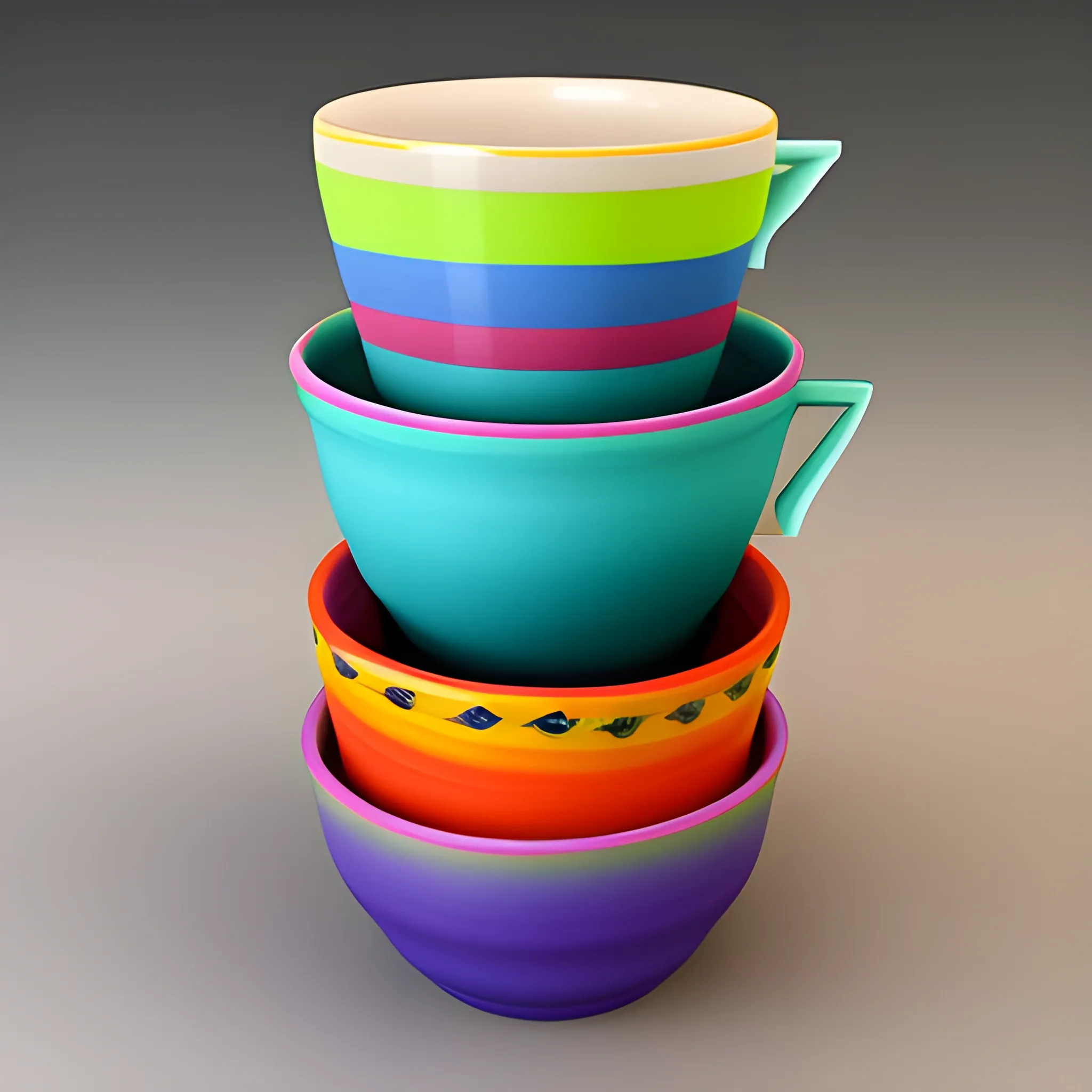 stacked colorful Ceramic collection cups with hand-painted decoration,  cinematic smooth, Portrait, Artstation, 16-bit, 3D