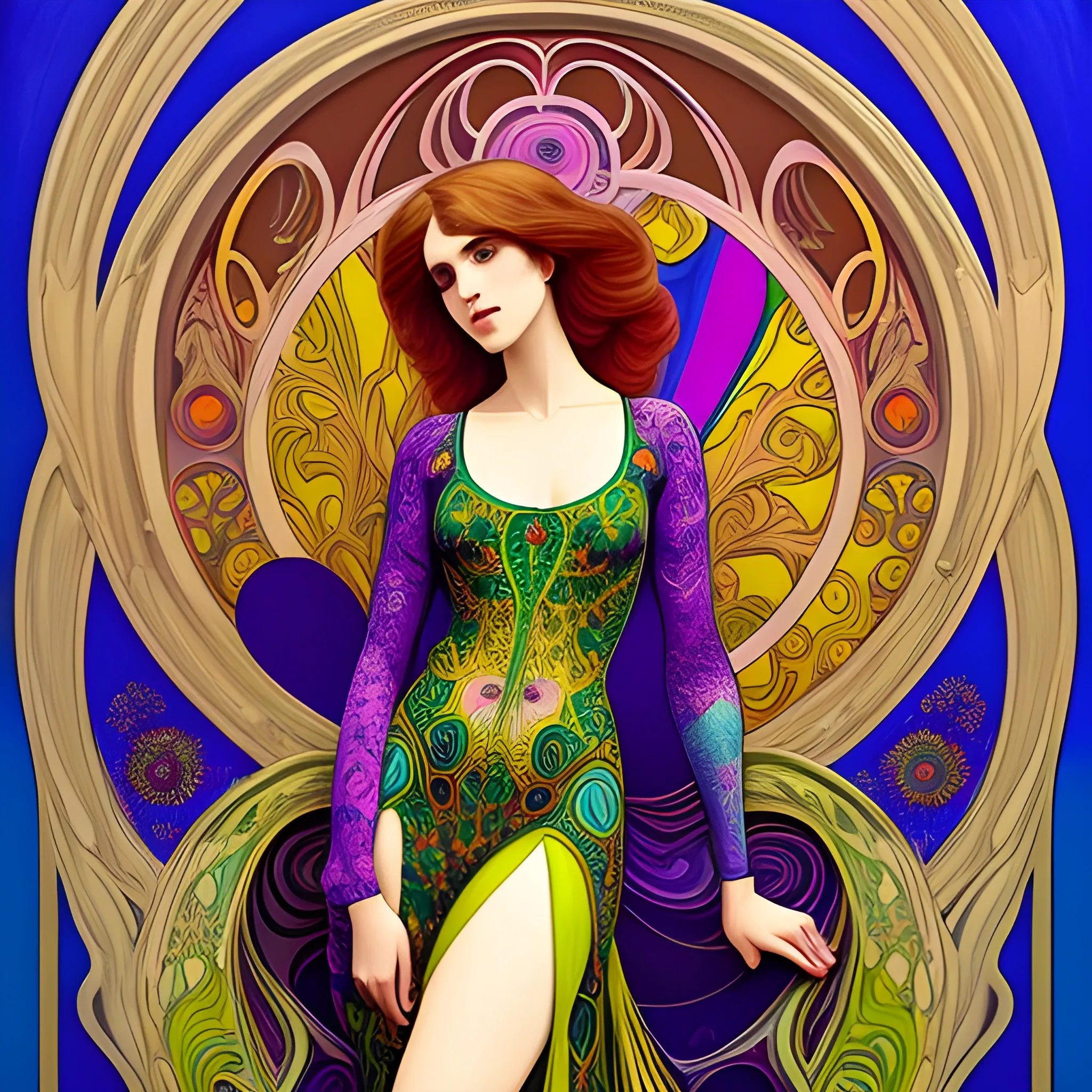 Art Nouveau painting, true aesthetics, stylish fashion shot of a beautiful woman posing in front of a psychedelic art nouveau style. Highly detailed, highest quality, Oil Painting