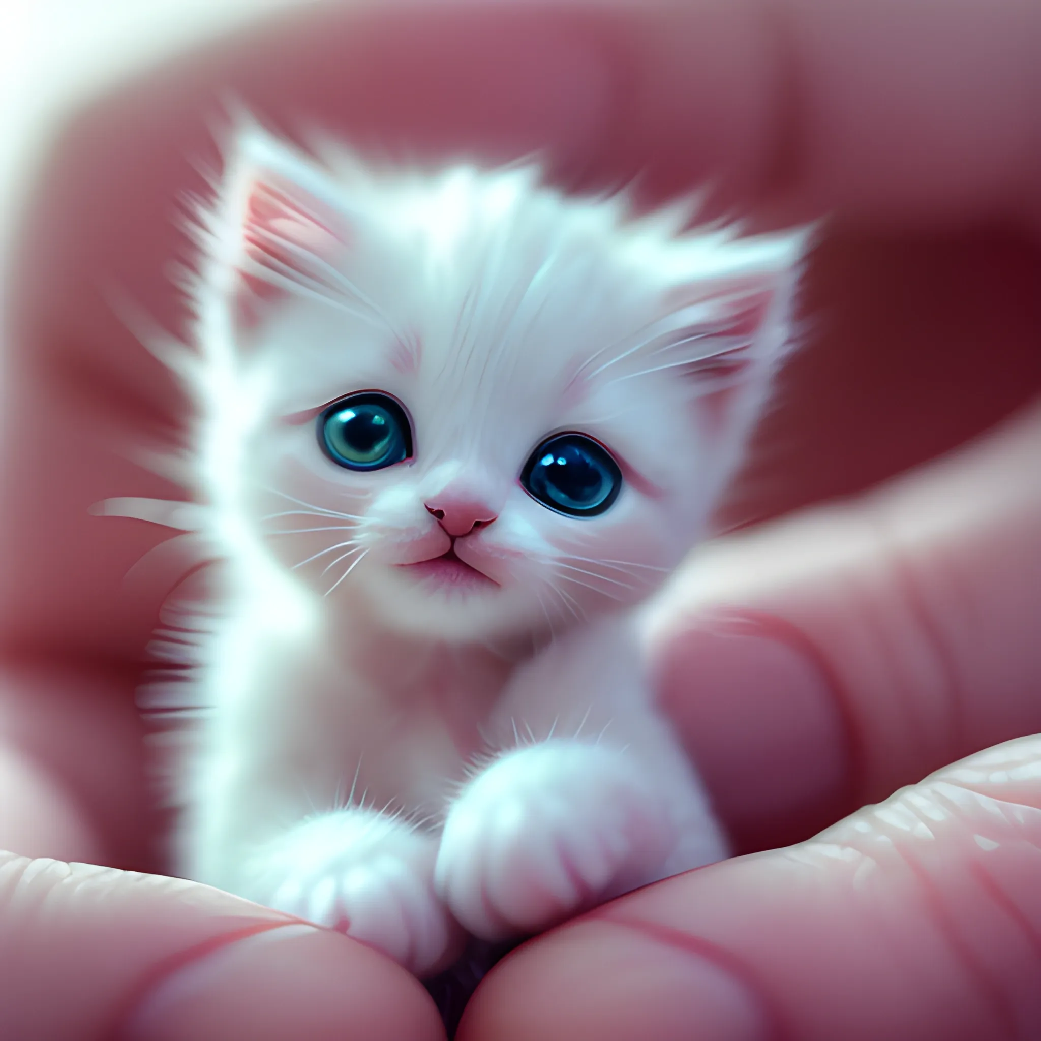 portrait of a miniature cute white mini kitten reaching a woman's hand, doing funny things, funny expression, shallow depth of field, fantasy animal, macro, cute, bokeh background, surreal photography, in the style of kawaii, humble charm --ar 2:3 --s 750 --v 5.1