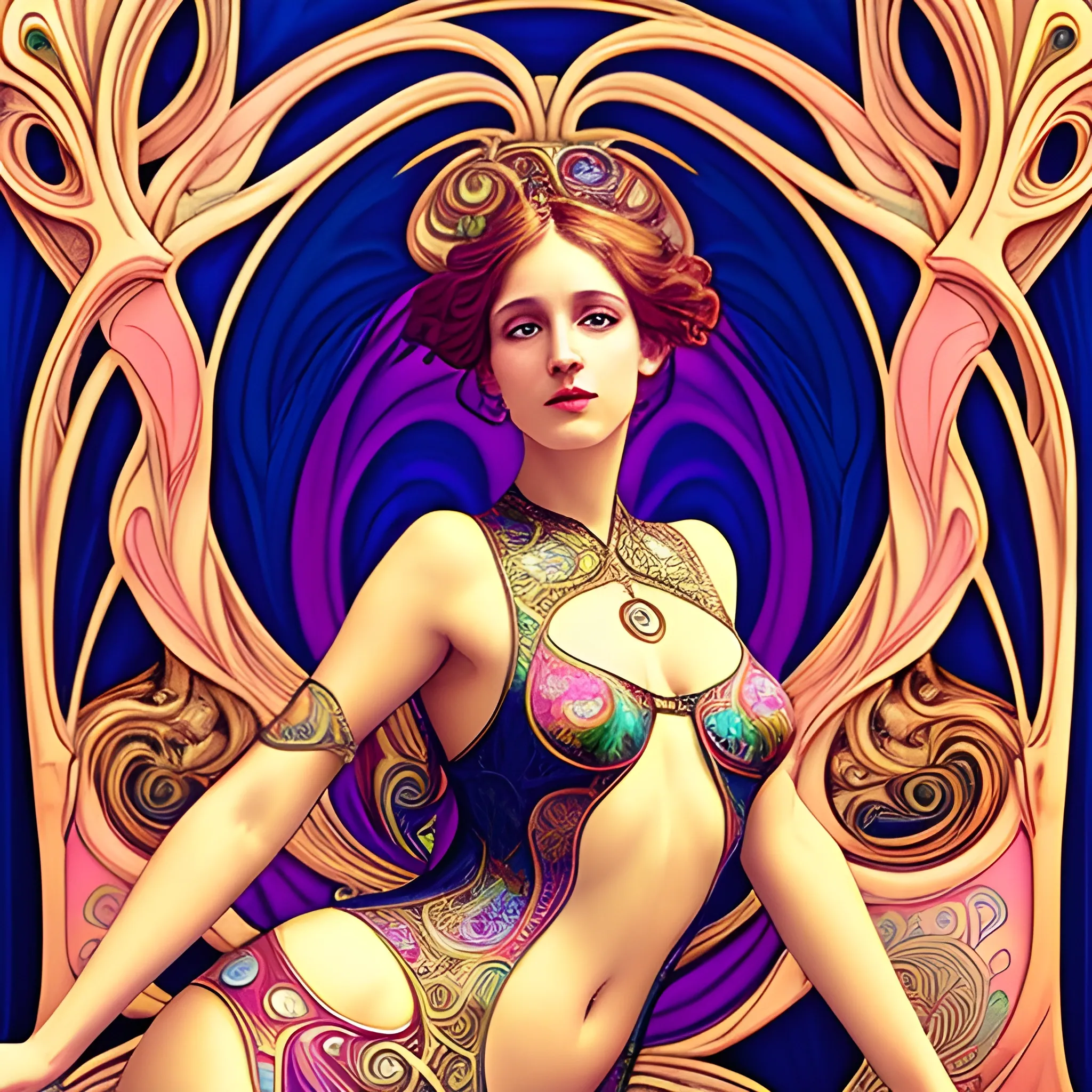 Art Nouveau painting, true aesthetics, stylish fashion shot of a beautiful woman posing in front of a psychedelic art nouveau style. Highly detailed, highest quality, 3D