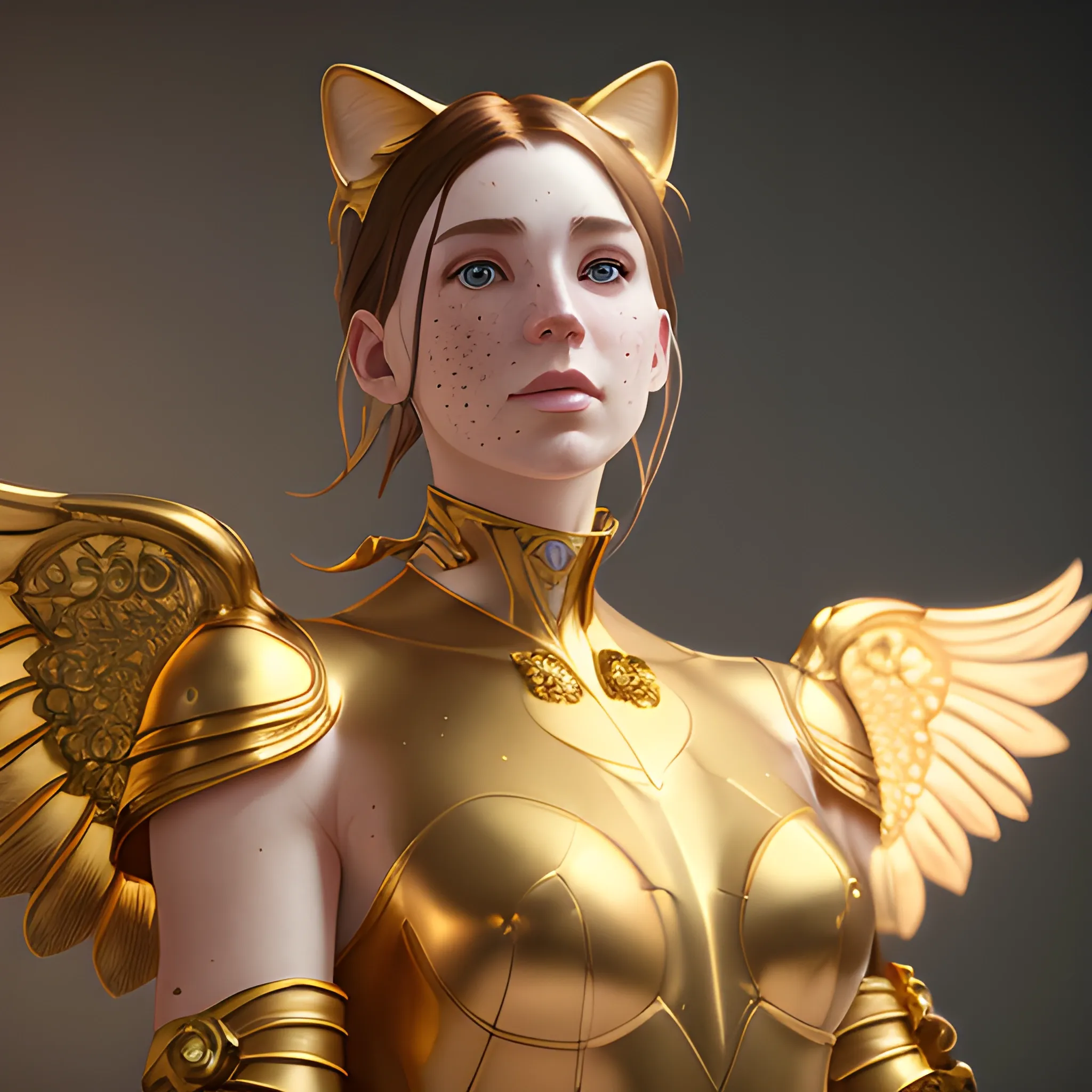 cat wings gold, with high detail, real life skin, freckles, 8 k, stunning detail, works by artgerm, greg rutkowski and alphonse mucha, unreal engine 5, 4 k uhd