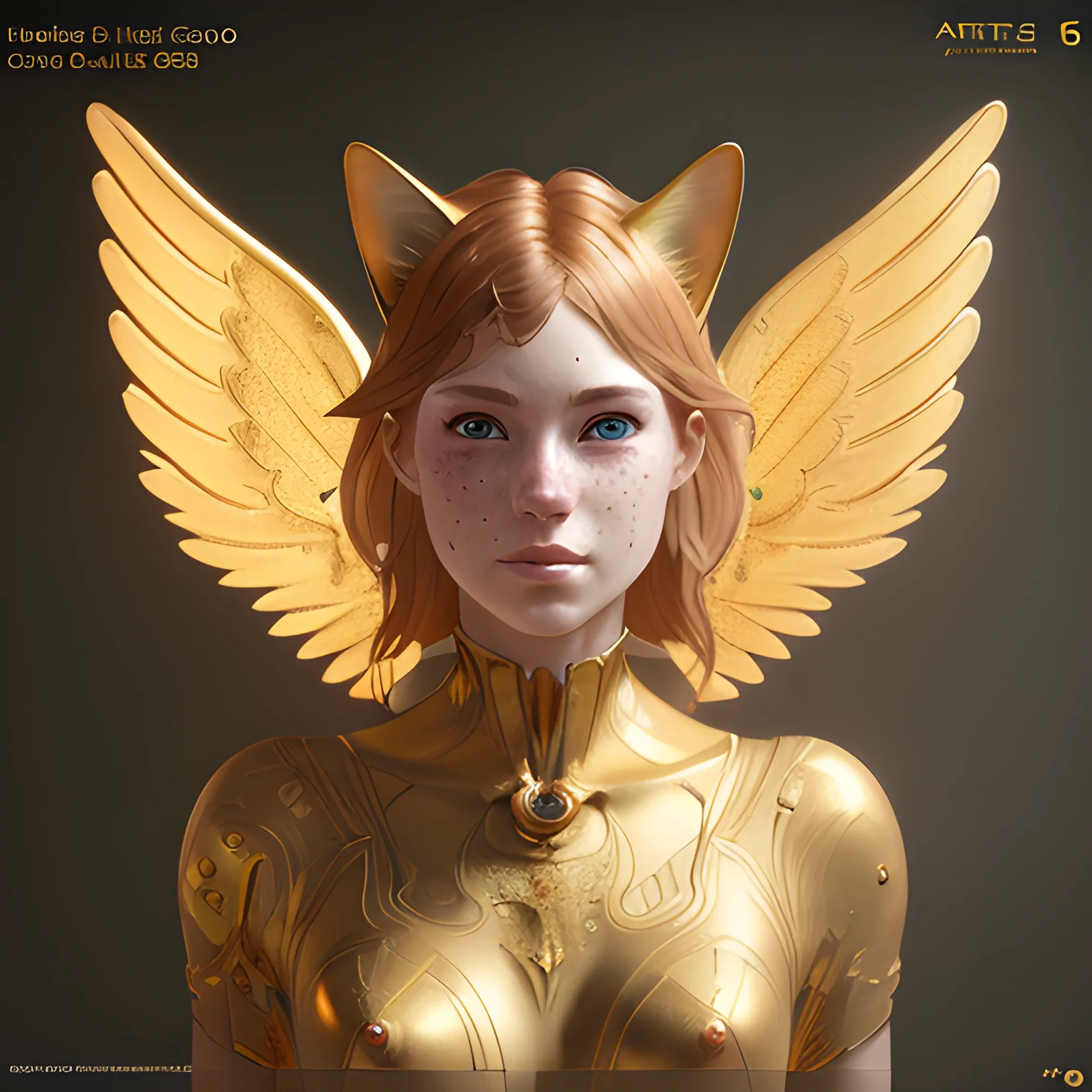 cat wings gold, with high detail, real life skin, freckles, 8 k, stunning detail, works by artgerm, greg rutkowski and alphonse mucha, unreal engine 5, 4 k uhd, Trippy