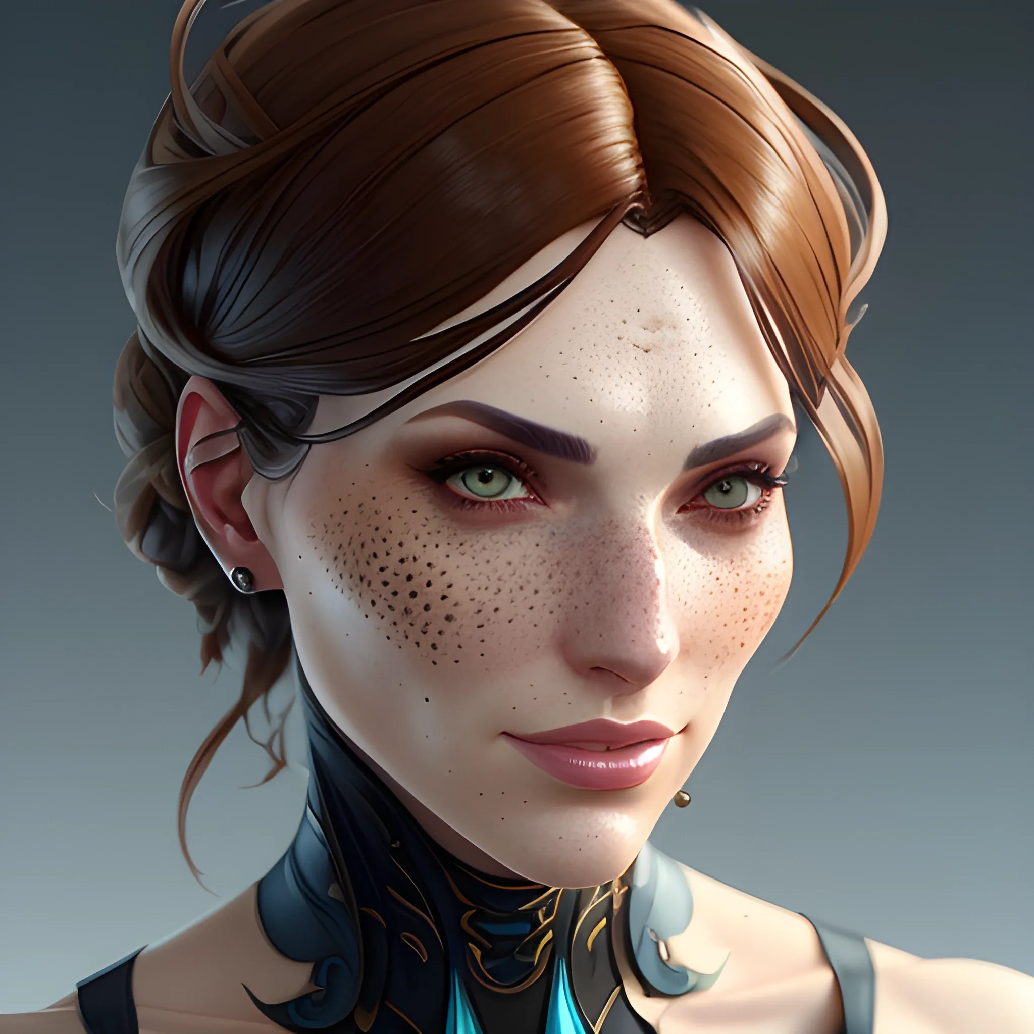 girl with a charming, with great detail, real-life skin, freckles, 8 k, stunning detail, works by Artgerm, Greg Rutkowski, and alphonse mucha, Unreal Engine 5, 4 k UHD, Trippy, Trippy, 3D