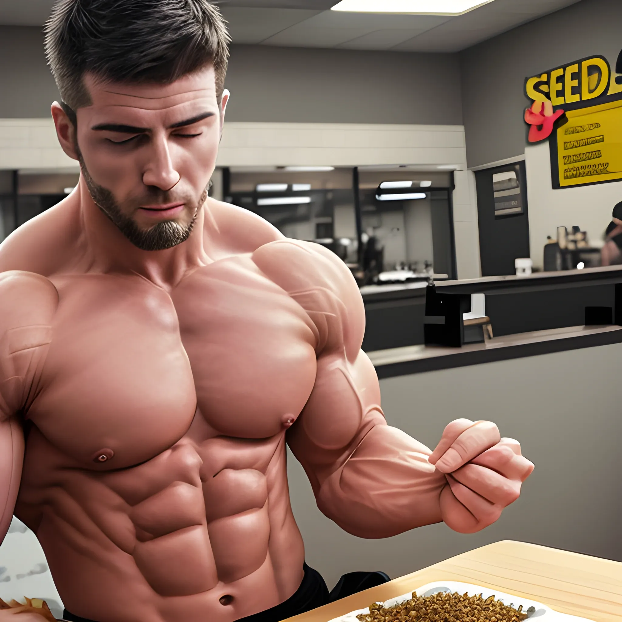 Extremely muscular male eating fast food {"seed": "63165309","steps": 30,"width": 512,"height": 512,"version": "SH_Deliberate","sampler_name": "k_dpm_2","guidance_scale": 7.5}