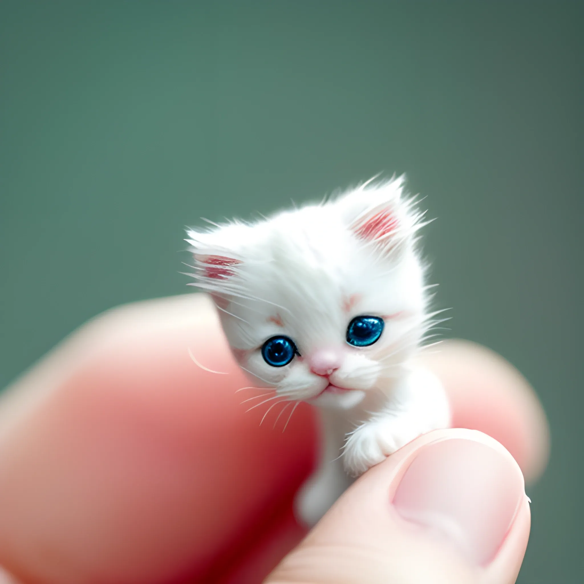 portrait of a miniature cute white mini kitten an a human hand, doing funny things, funny expression, shallow depth of field, fantasy animal, macro, cute, bokeh background, surreal photography, in the style of kawaii, humble charm --ar 2:3 --s 750 --v 5.1