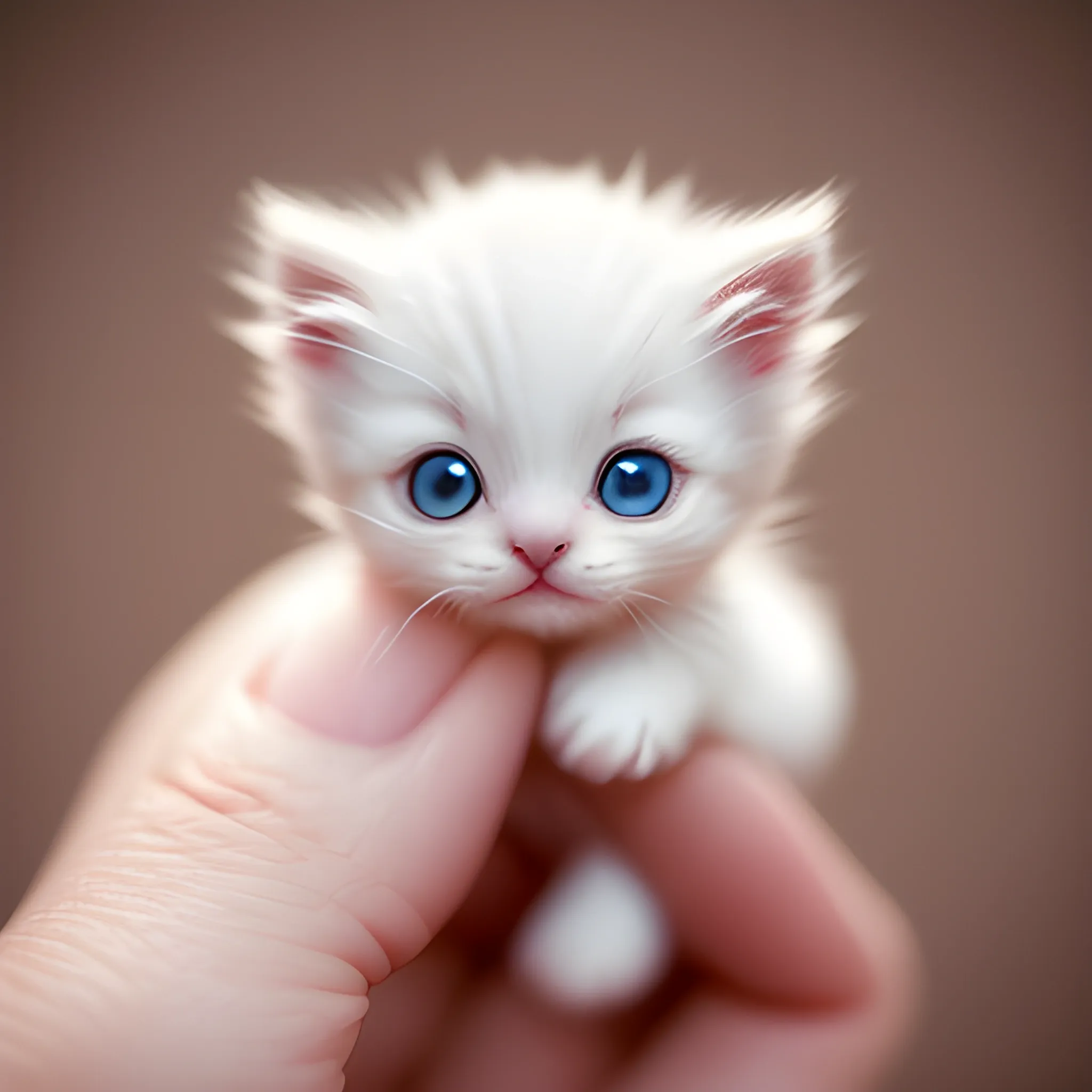 portrait of a miniature cute white mini kitten on the human hand, doing funny things, funny expression, shallow depth of field, fantasy animal, macro, cute, bokeh background, surreal photography, in the style of kawaii, humble charm --ar 2:3 --s 750 --v 5.1