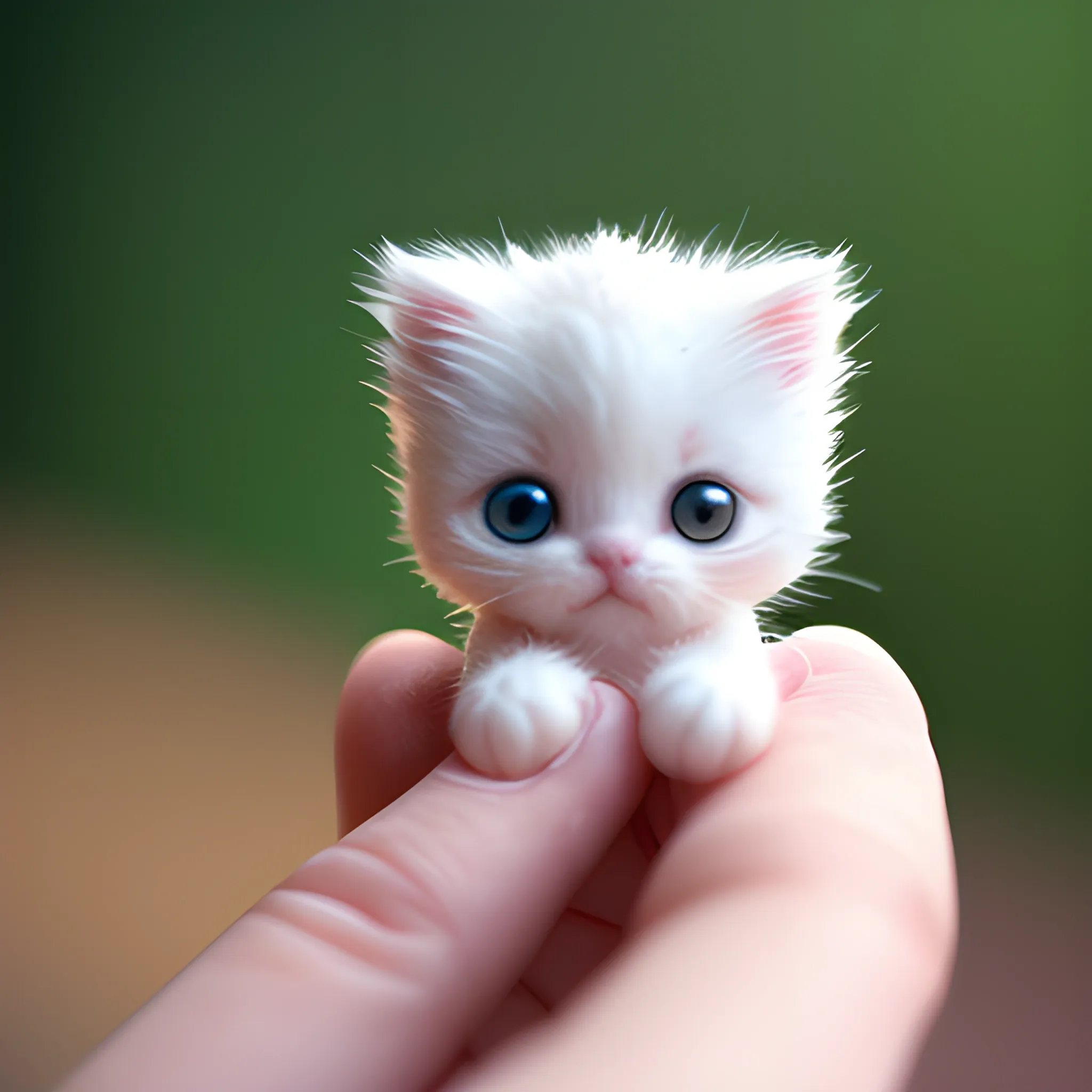 portrait of a miniature cute white mini kitten on the two human hands, doing funny things, funny expression, shallow depth of field, fantasy animal, macro, cute, bokeh background, surreal photography, in the style of kawaii, humble charm --ar 2:3 --s 750 --v 5.1