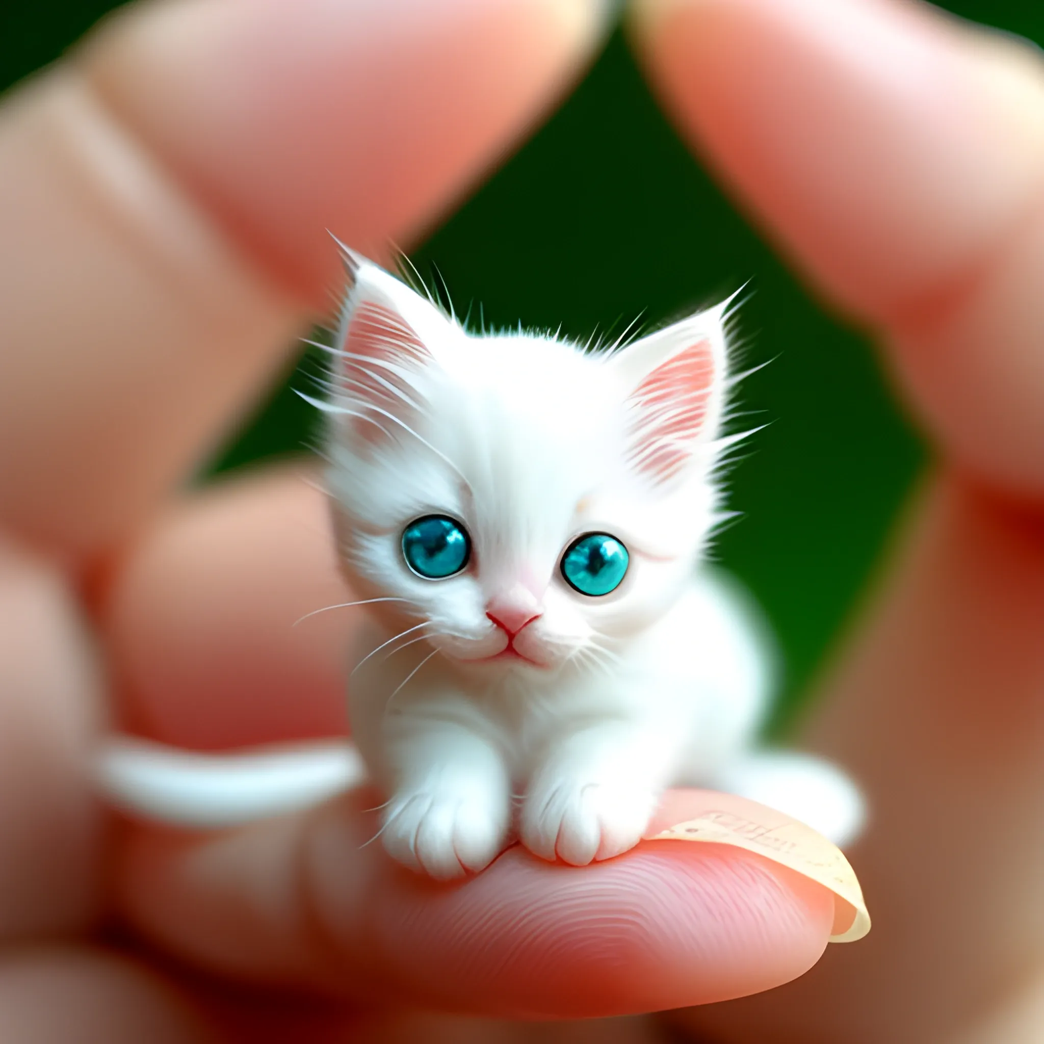 portrait of a miniature cute white mini kitten on the girl hands, doing funny things, funny expression, shallow depth of field, fantasy animal, macro, cute, bokeh background, surreal photography, in the style of kawaii, humble charm --ar 2:3 --s 750 --v 5.1