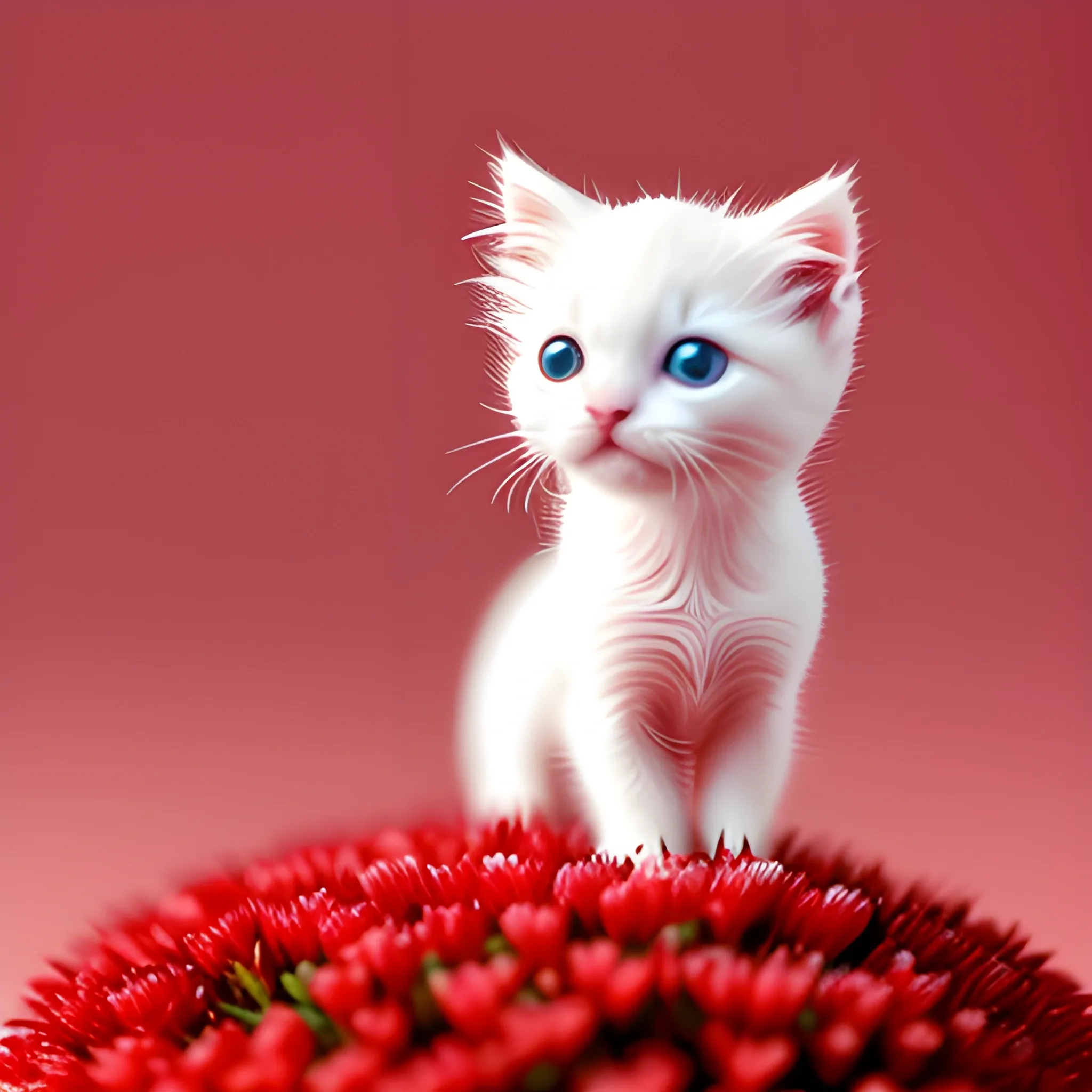 portrait of a miniature cute white mini kitten on the red flower, doing funny things, funny expression, shallow depth of field, fantasy animal, macro, cute, bokeh background, surreal photography, in the style of kawaii, humble charm --ar 2:3 --s 750 --v 5.1