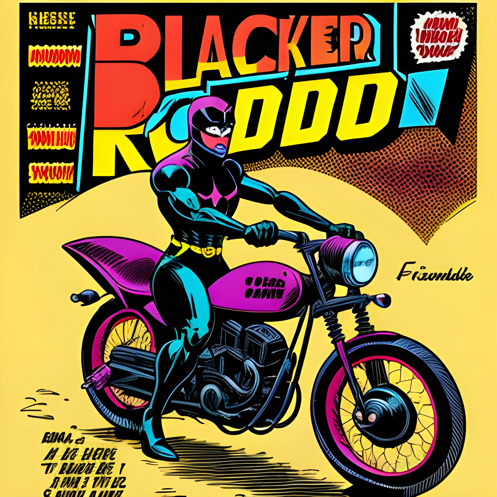 Black Rider comic book cover, retro ephemera style, Frederick Morgan, playful colors, bold colors,, Cartoon