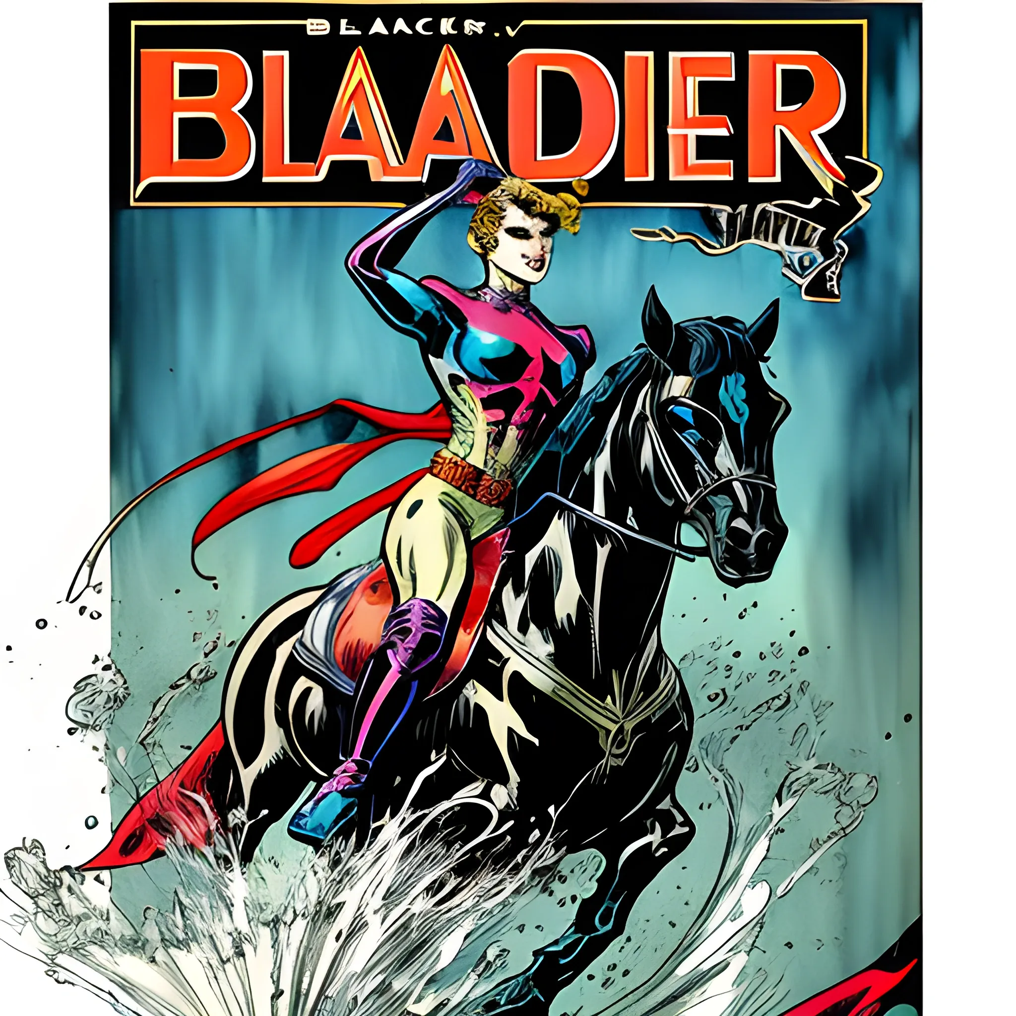 Black Rider comic book cover, retro ephemera style, Frederick Morgan, playful colors, bold colors, Water Color