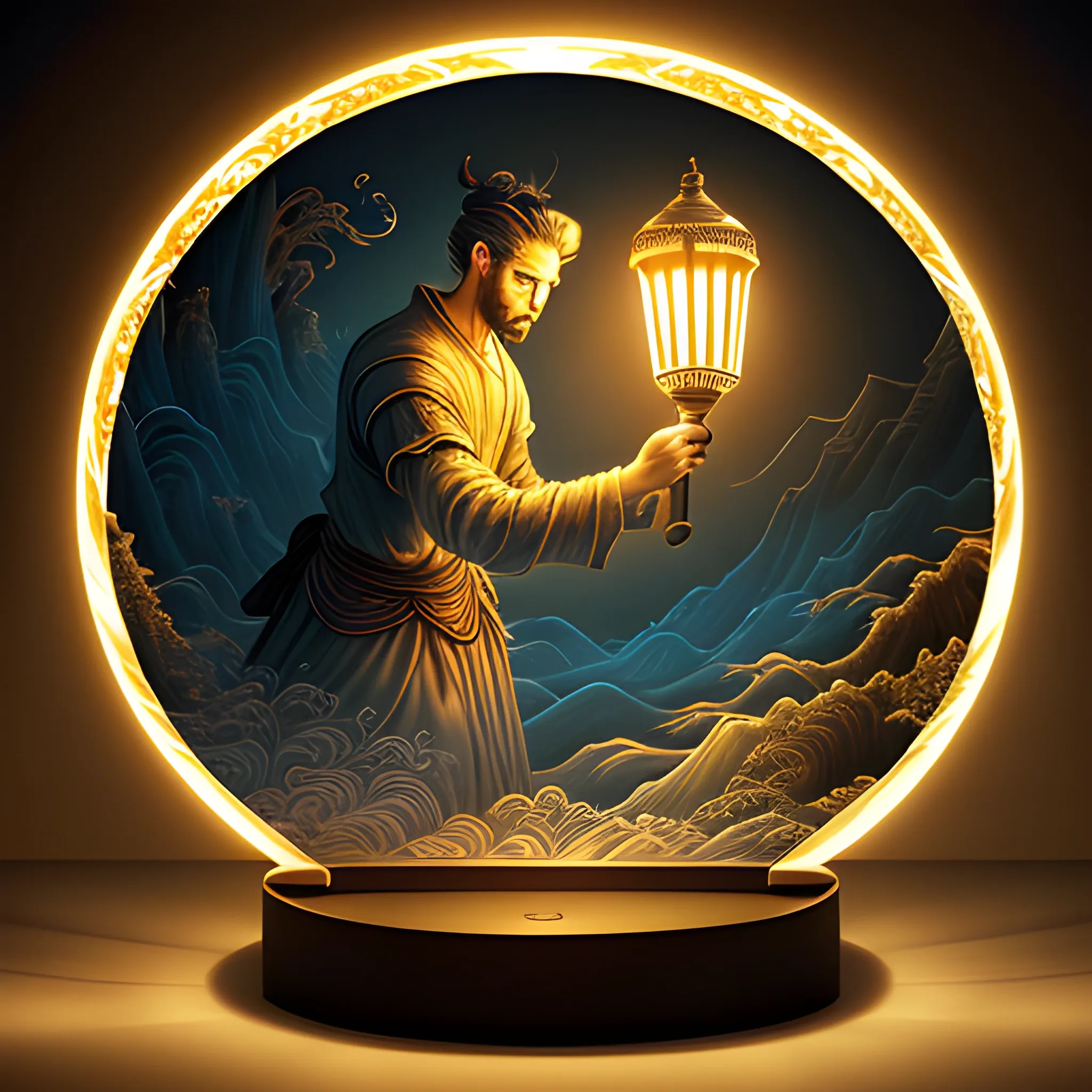 A man holds a lamp in the style of an epic fantasy scene, chinoiserie, ethereal illustration, swirls, to bring light to the world when night falls, 3D