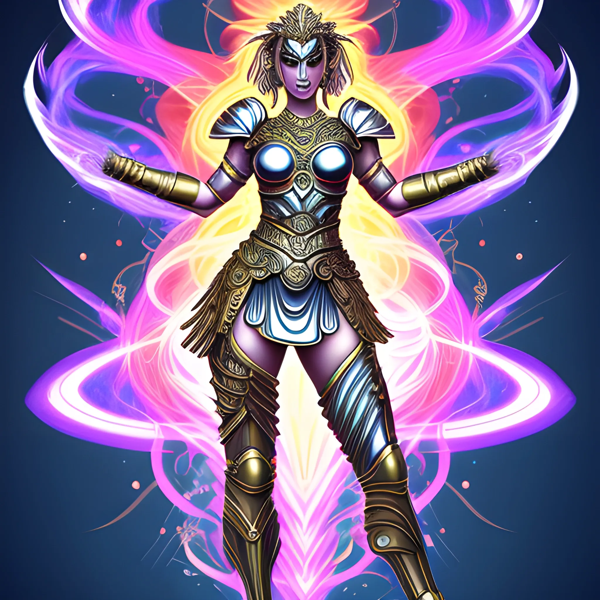 female, in the style of energy-filled illustrations, greek goddess, mythic, adamantium armor, Trippy