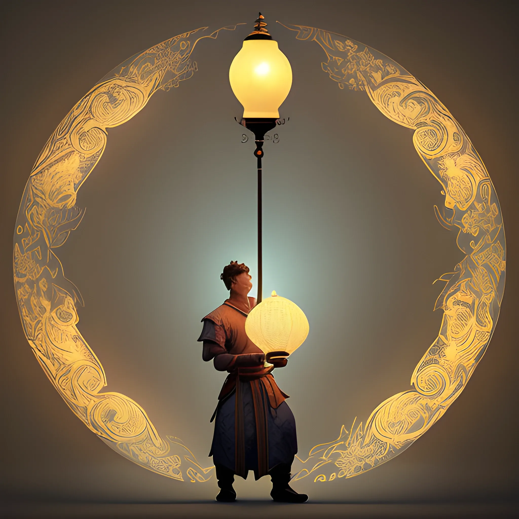 A man holds a lamp in the style of an epic fantasy scene, chinoiserie, ethereal illustration, swirls, to bring light to the world when night falls, 3D