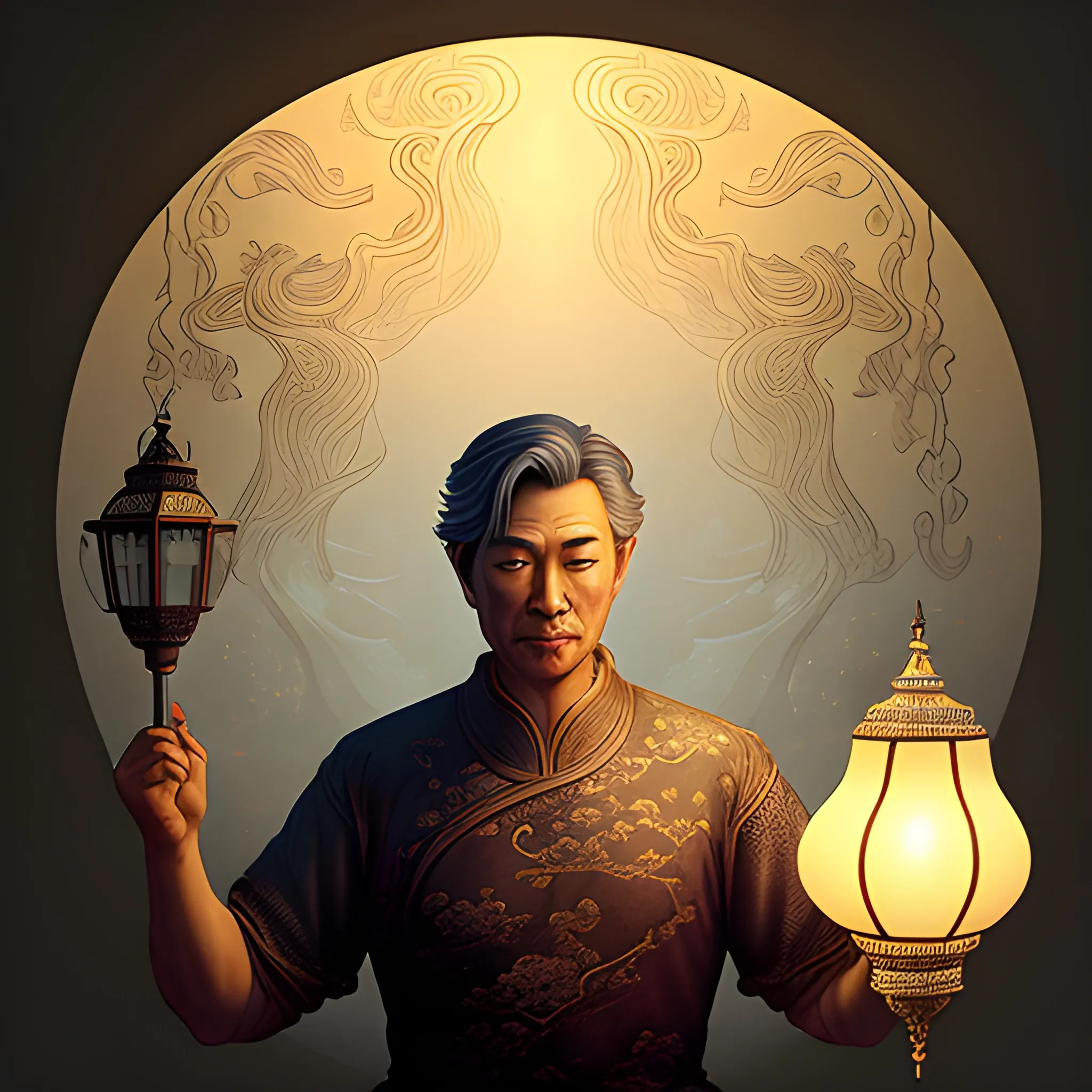 A man holds a lamp in the style of an epic fantasy scene, chinoiserie, ethereal illustration, swirls, to bring light to the world when night falls, 3D