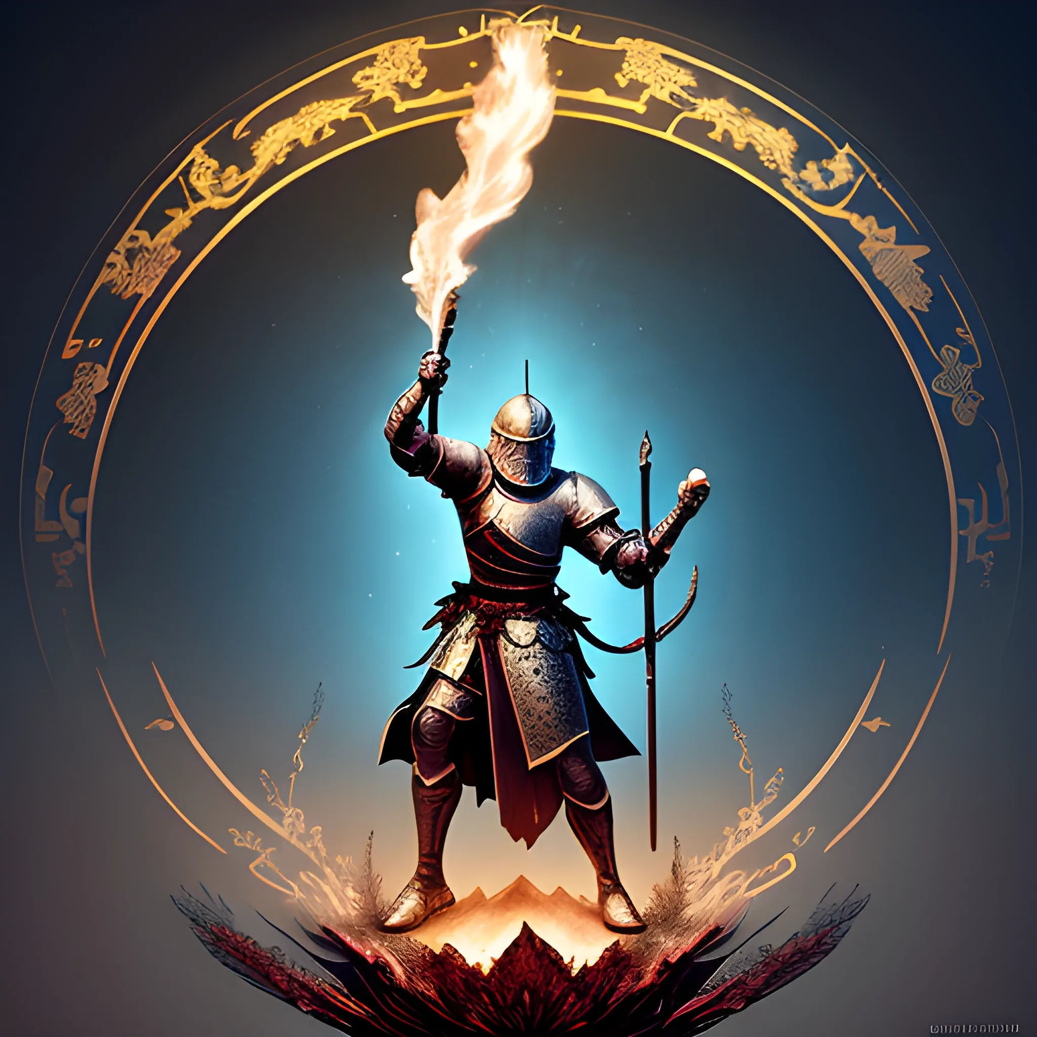 A male knight holds a torch in the style of an epic fantasy scene, chinoiserie, ethereal illustration, swirls, to bring light to the world when night falls, 3D