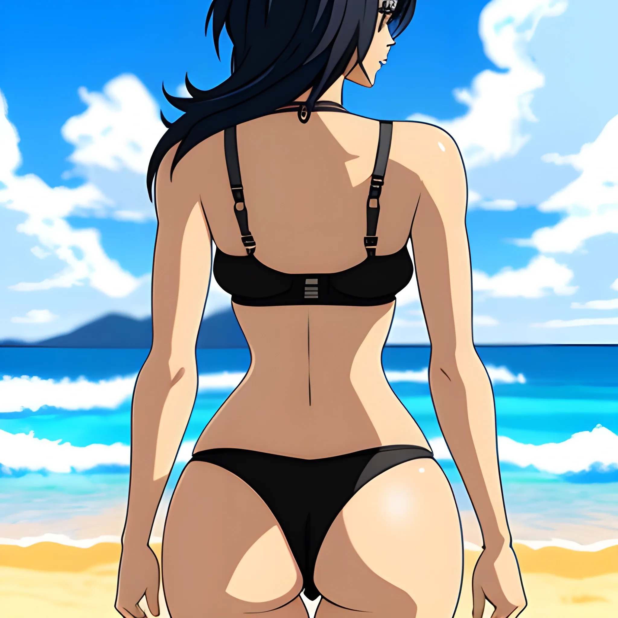 Anime,Beach,rear view,lightskin,cute girl,black hair,blue bra,bl 