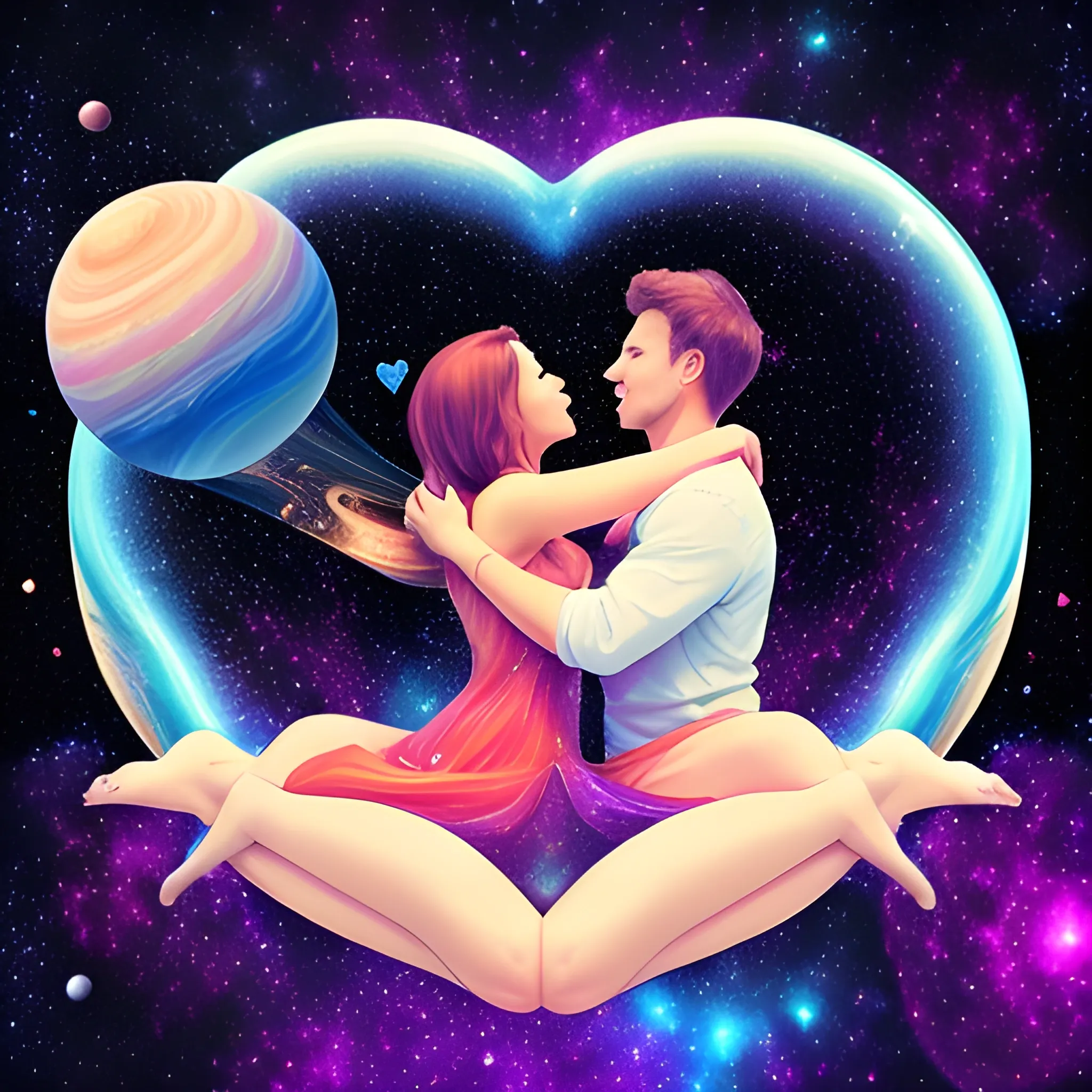 woman and men, floting, soulmates, hug in the space, explosion of love, stars and planets in background Trippy