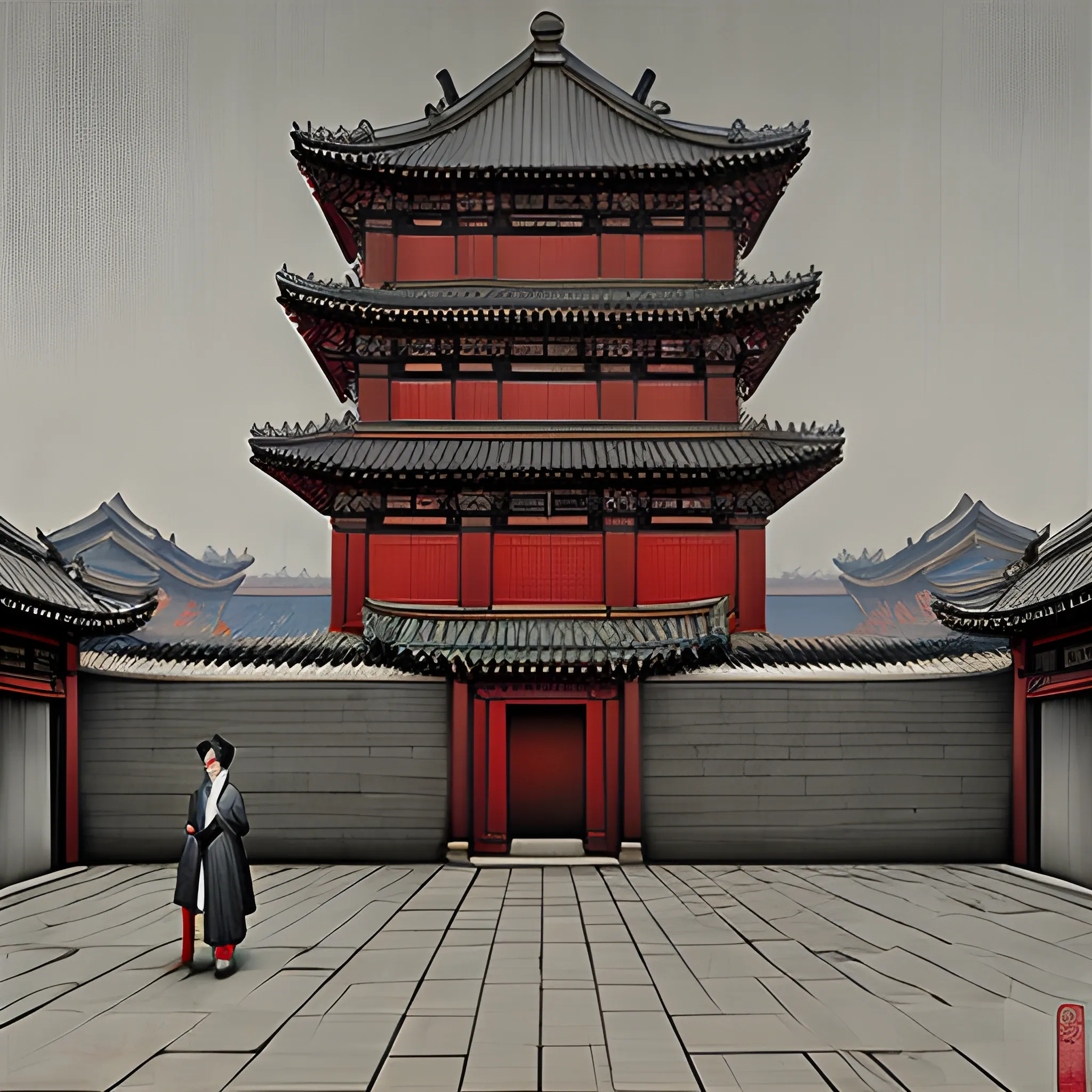 Ming dynasty urban style, Jinyiwei, classical realism, surreal animation, cityscape, mysticism, gray tones and red, Oil Painting