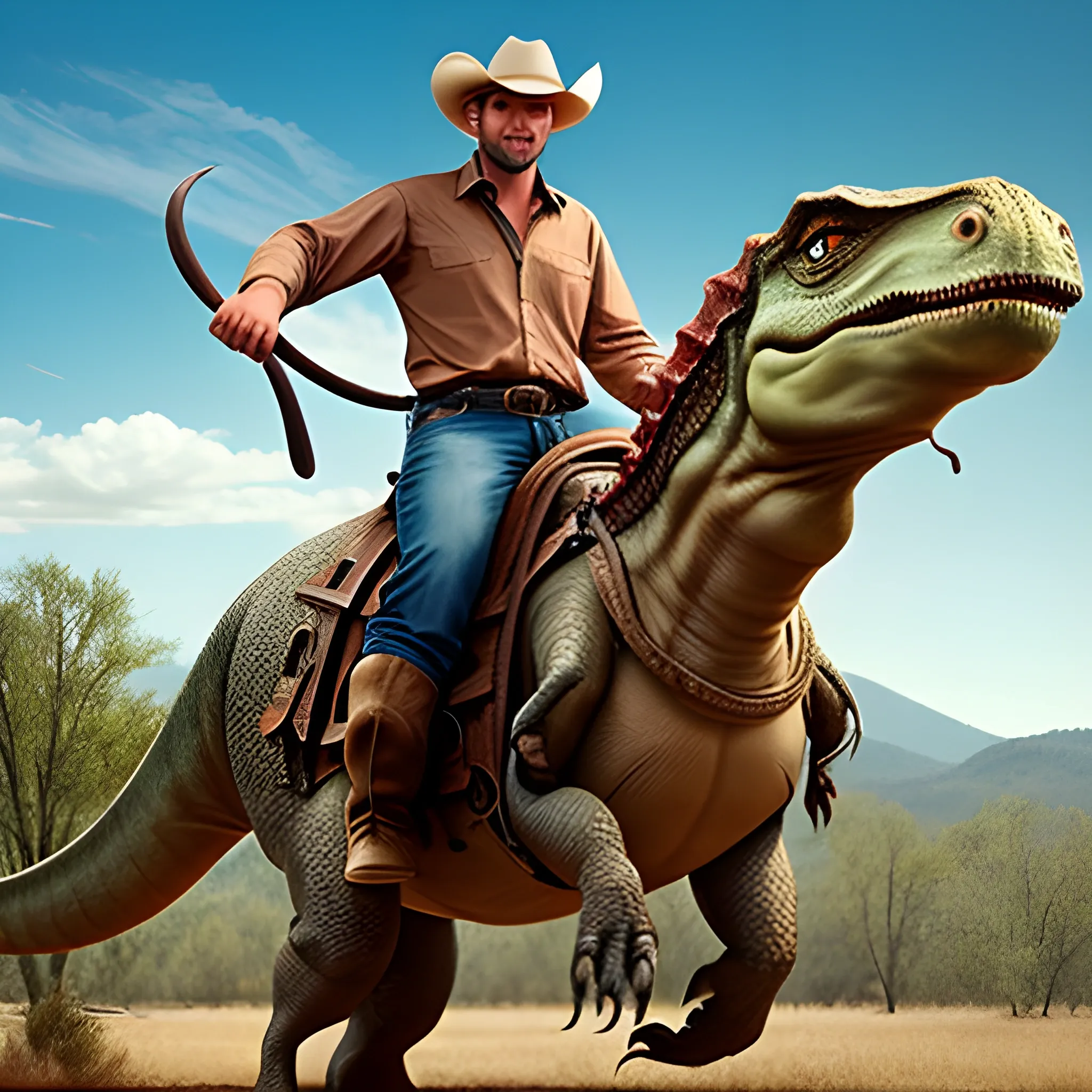 handsome cowboy riding a huge dinosaur 