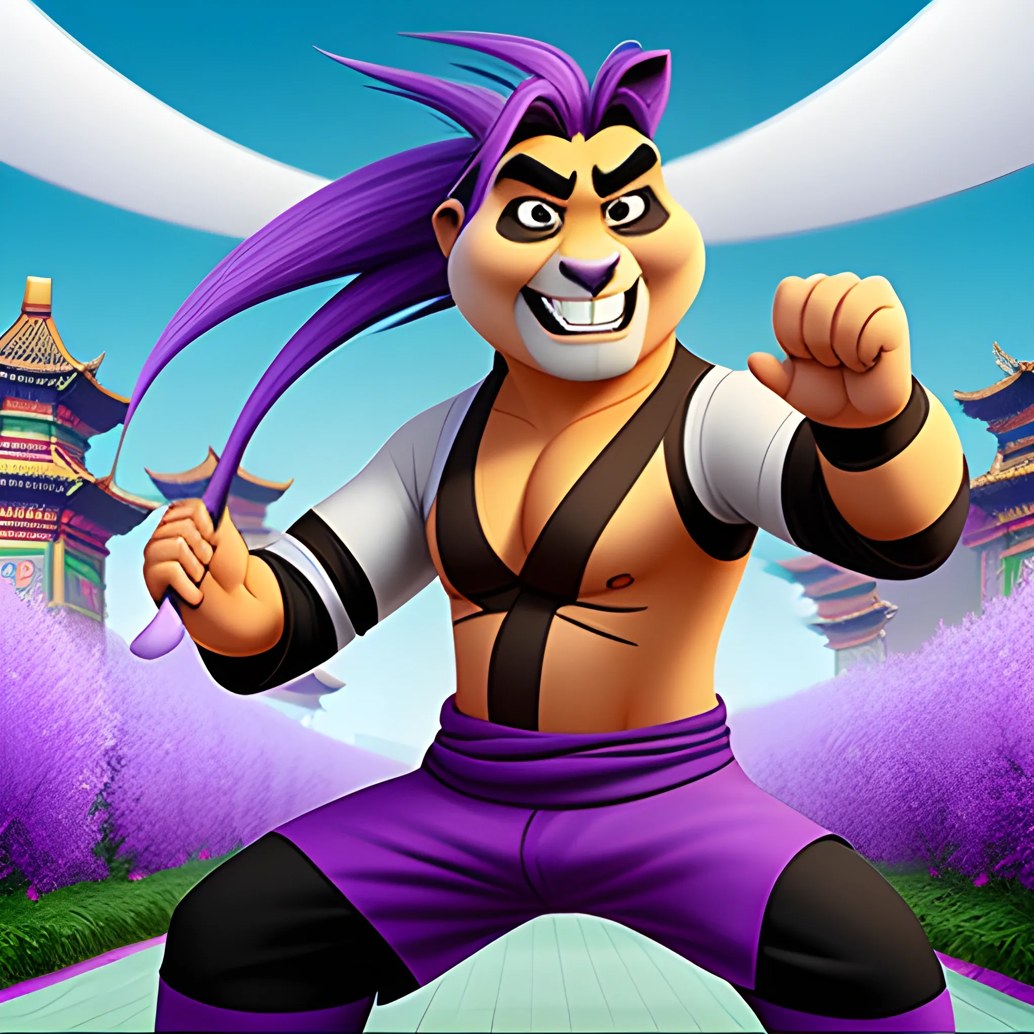 A Chinese teenager with purple hair, fighting with a kung fu panda, Cartoon