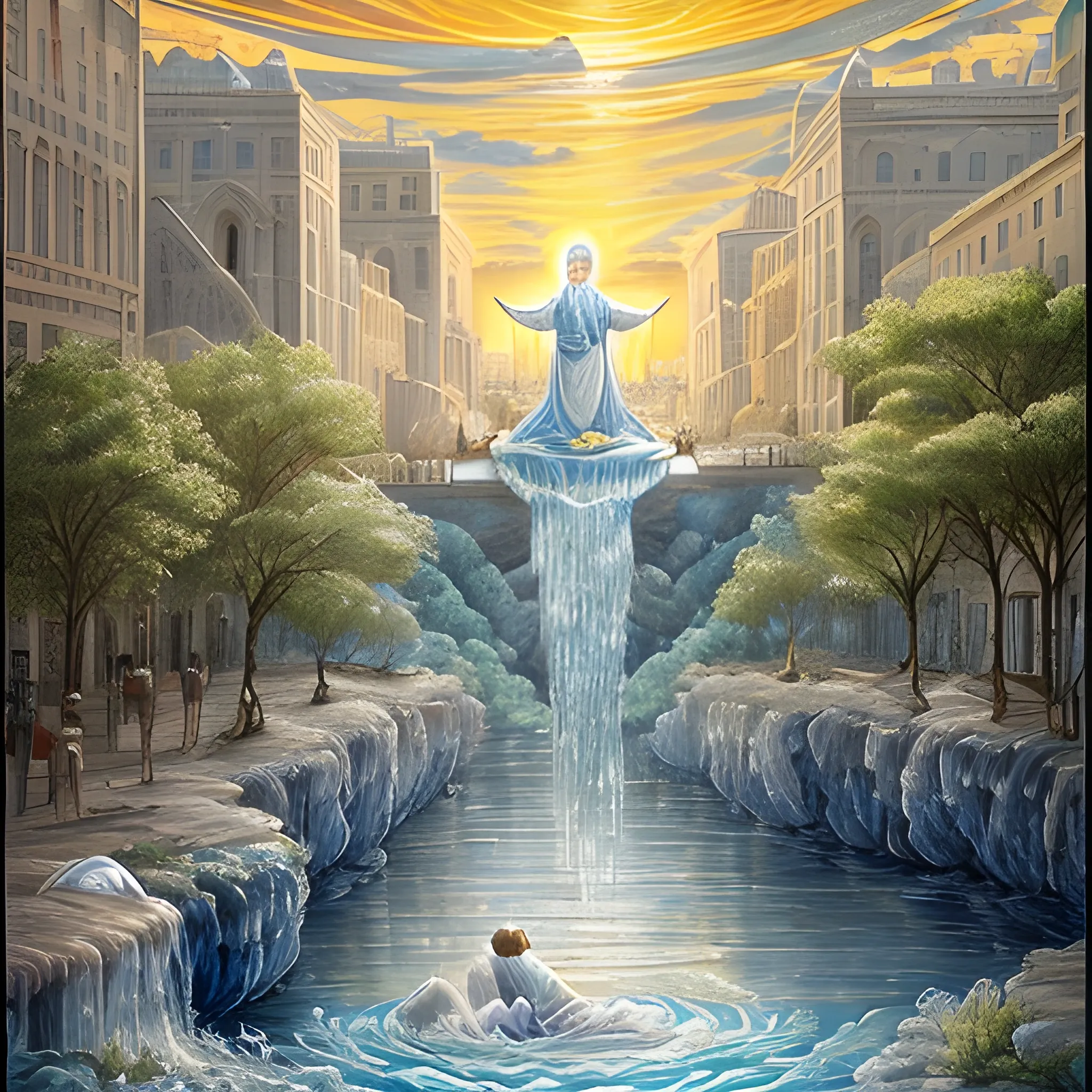 the river of the water of life, as clear as crystal, flowing from the throne of God and of the Lamb down the middle of the great street of the city.