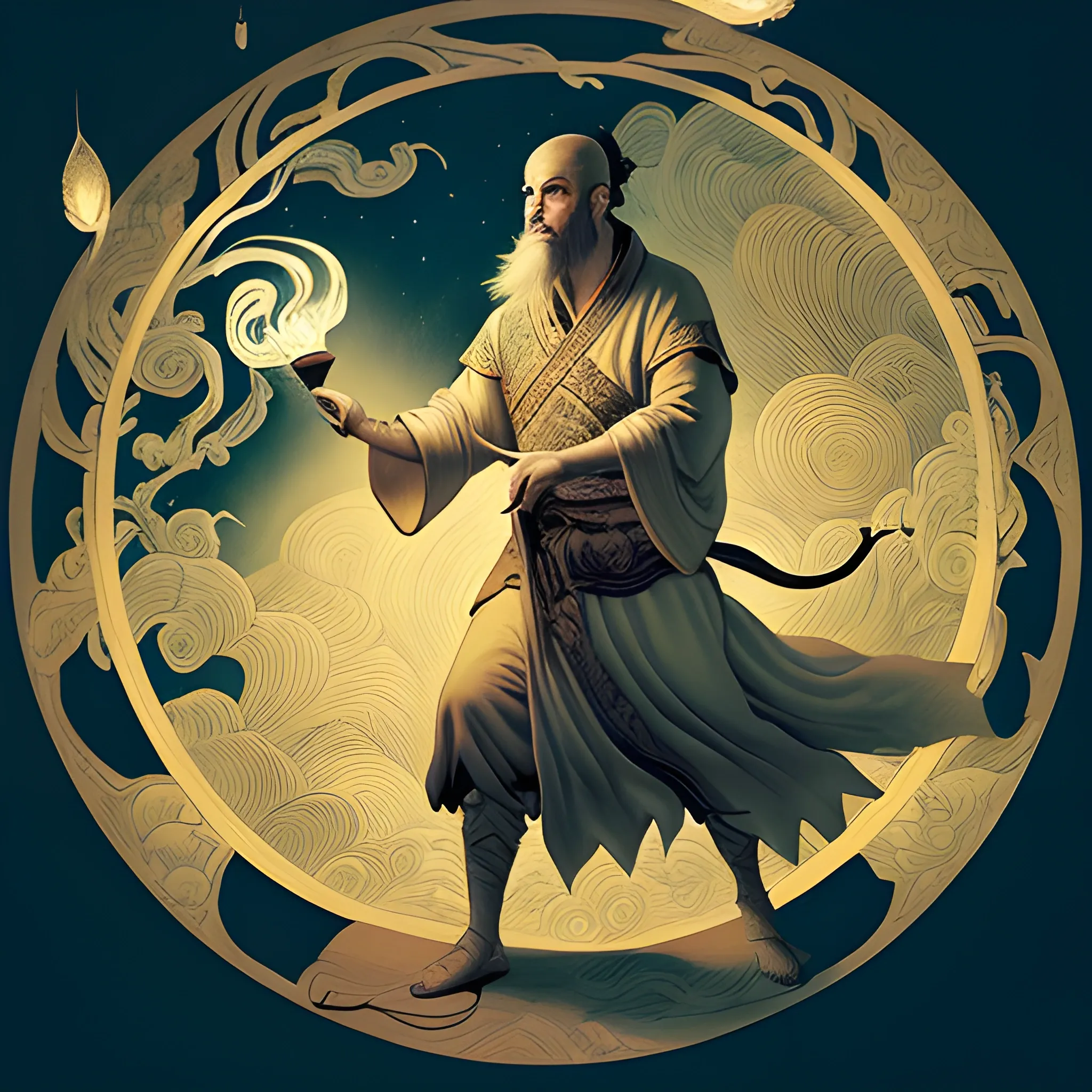 A man holds a lamp in the style of an epic fantasy scene, chinoiserie, ethereal illustration, swirls, to bring light to the world when night falls