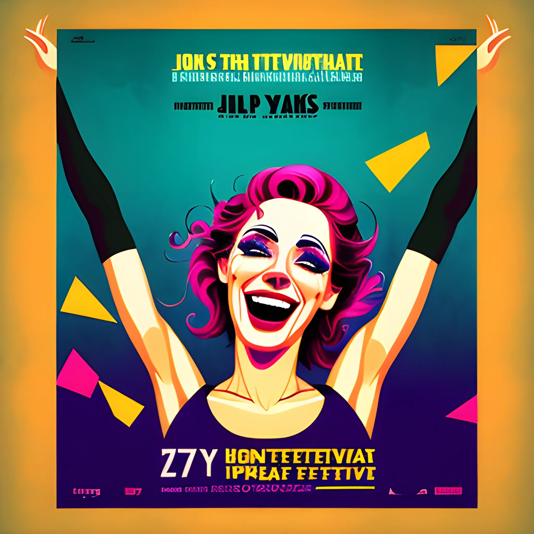 Poster for a contemporary theatre  festival, happy, trendy, party, awe, emotional, poetic, vector art, cinematic,  happyness, photographic, highly defined, teen, fun, Photo, Picture,