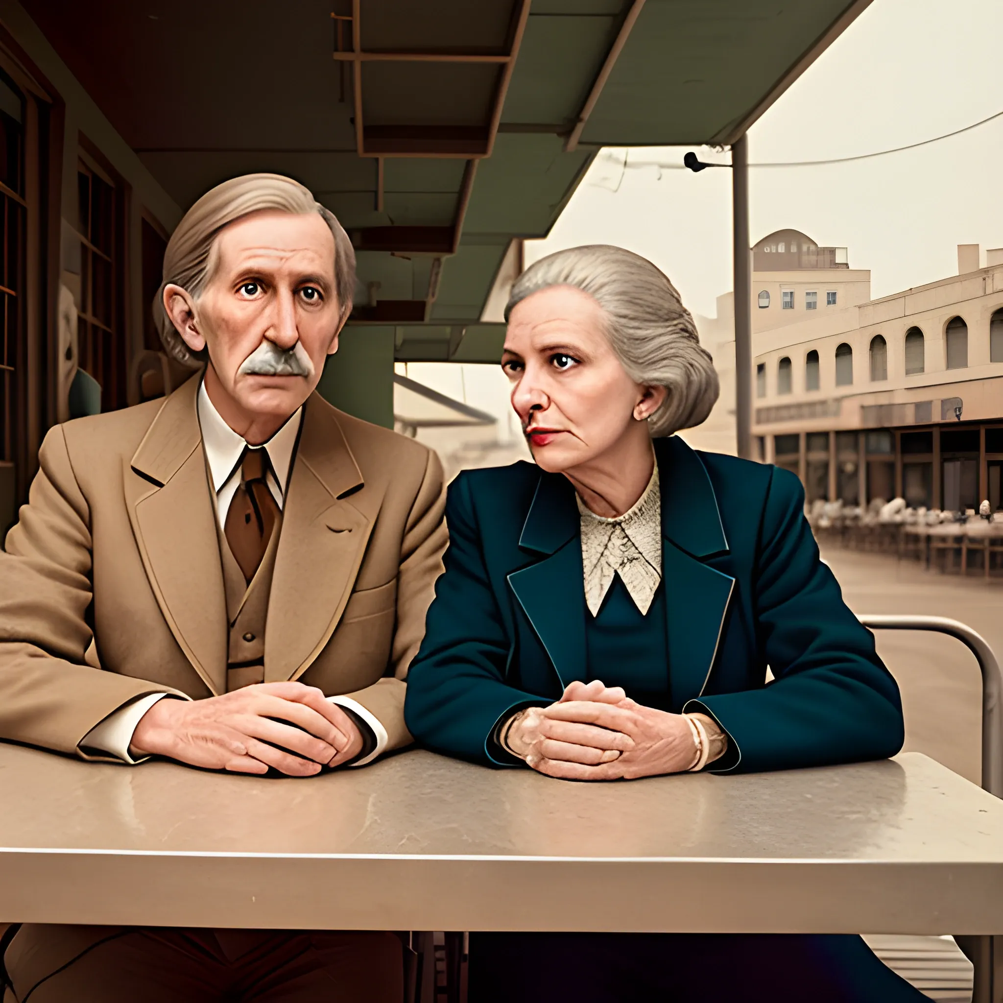 Dystopian portrait of a mature couple sitting at the outdoor tables of a theatre, cinematic, photo, by Wes Anderson