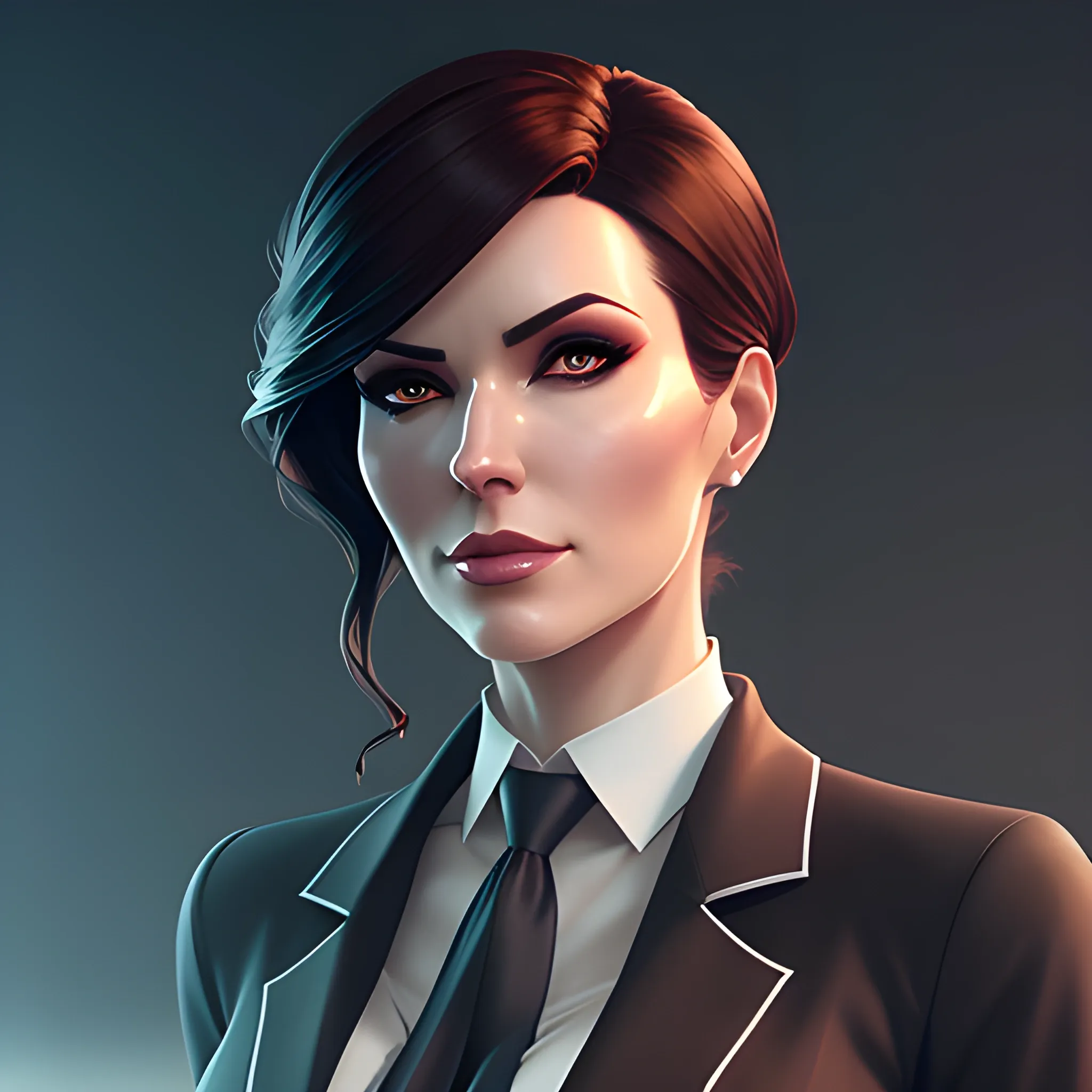 arcane style, Posh girl wearing an open blazer, tie, detailed portrait, cell shaded, 4 k, concept art, by ilya kuvshinov, artgerm, krenz cushart. cinematic dramatic atmosphere, sharp focus, volumetric lighting, cinematic lighting, studio quality