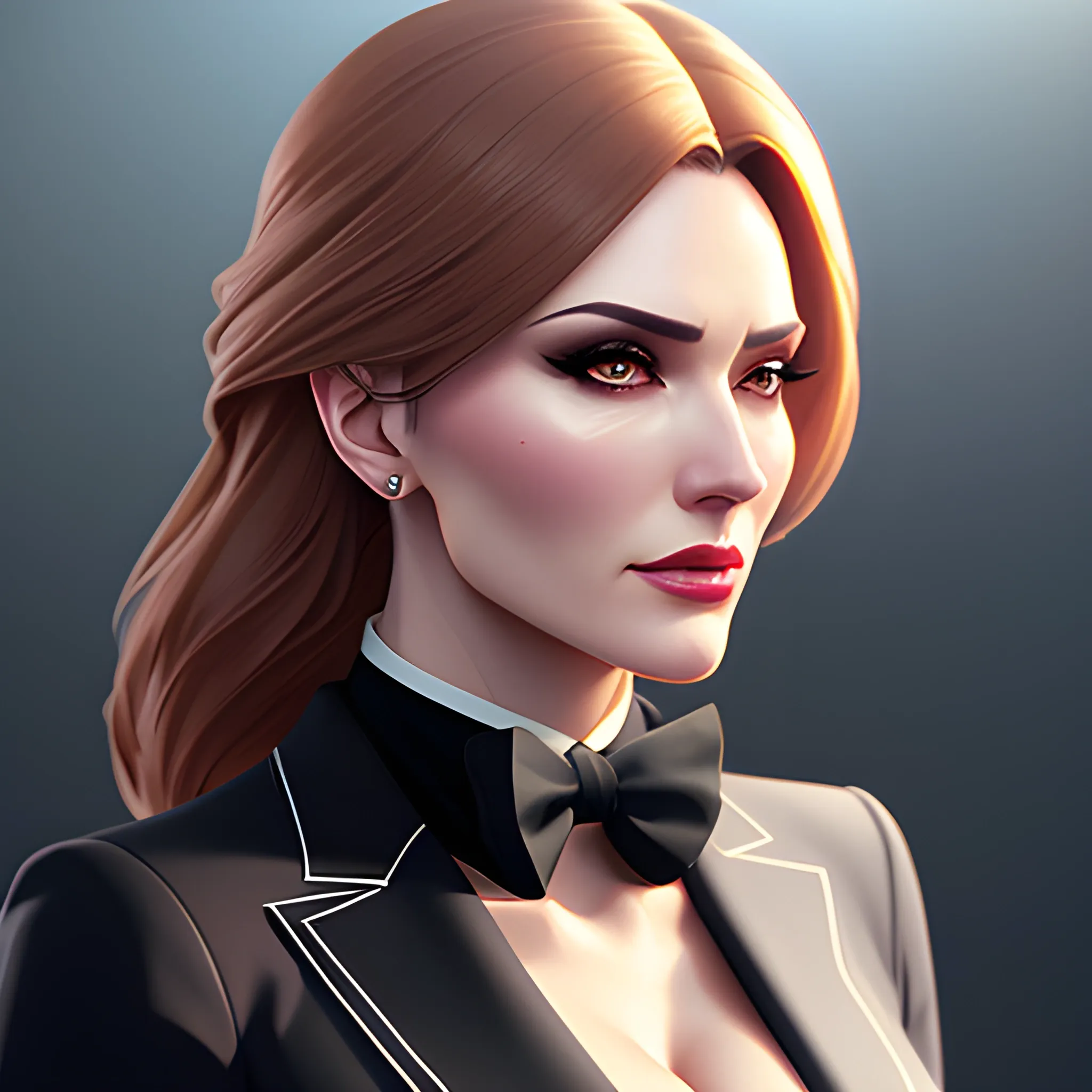 arcane style, Posh girl wearing an open blazer, tie, detailed portrait, cell shaded, 4 k, concept art, by ilya kuvshinov, wlop, artgerm. cinematic dramatic atmosphere, sharp focus, volumetric lighting, cinematic lighting, studio quality