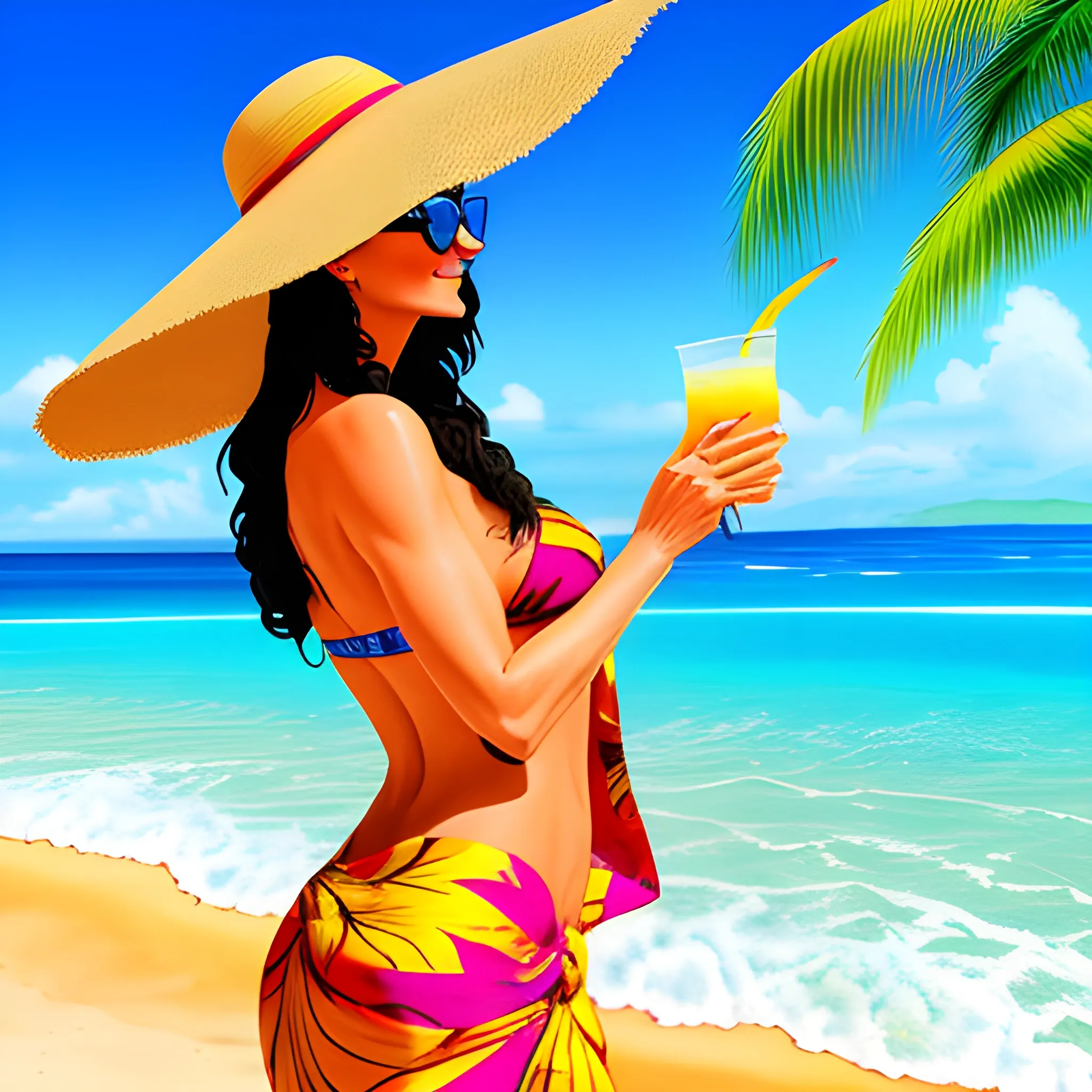 Standing at the water's edge, the beach girl is wearing a floppy hat, oversized sunglasses, and a colorful sarong. She holds a tropical drink in her hand and enjoys the gentle breeze while watching the waves roll in., 3D