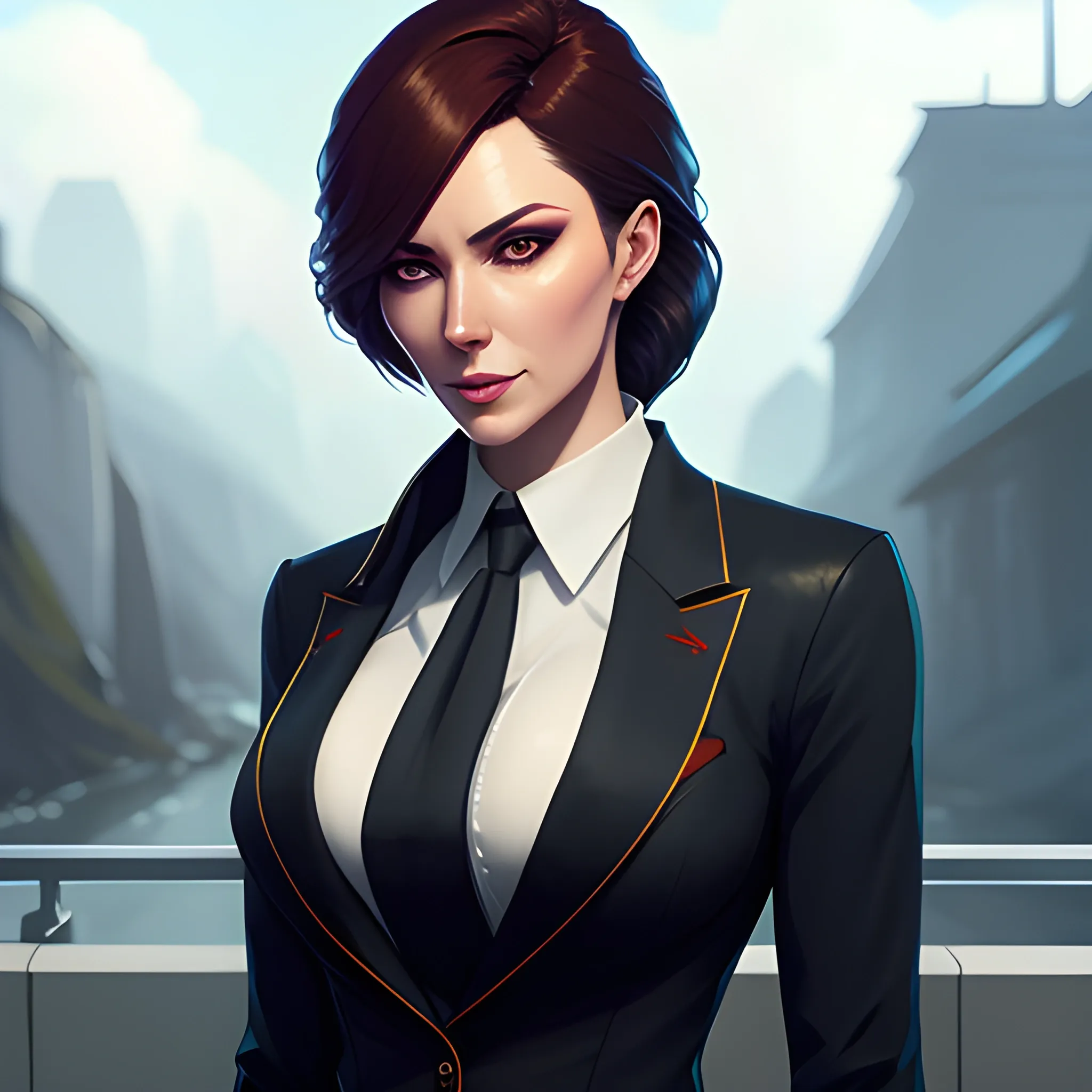 arcane style, Posh girl wearing an open blazer, tie, detailed portrait, cell shaded, 4 k, concept art, by wlop, ilya kuvshinov, artgerm, krenz cushart, greg rutkowski, pixiv. cinematic dramatic atmosphere, sharp focus, volumetric lighting, cinematic lighting, studio quality