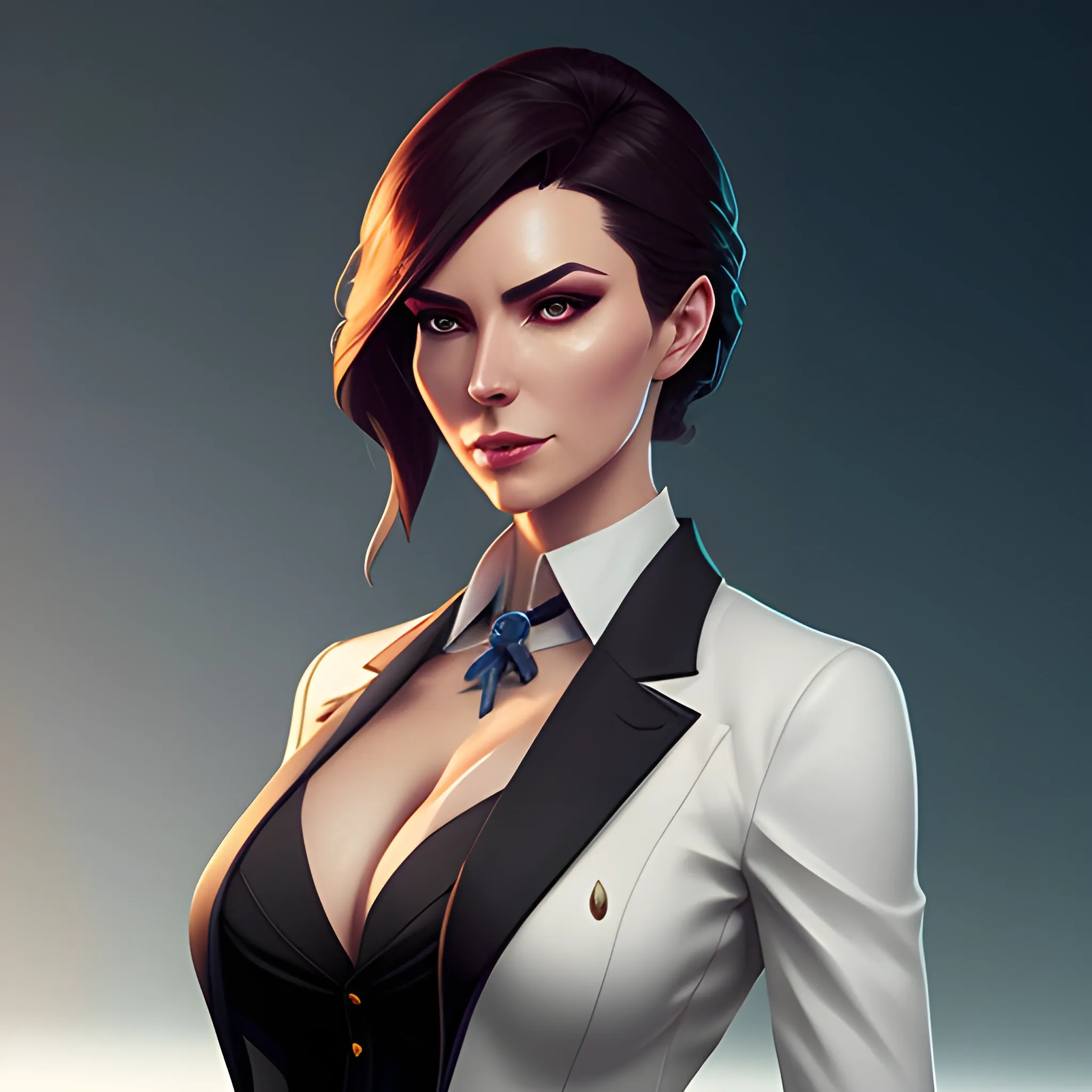 arcane style, Posh girl wearing an open blazer, tie, detailed portrait, cell shaded, 4 k, concept art, by wlop, ilya kuvshinov, artgerm, krenz cushart, greg rutkowski, pixiv. cinematic dramatic atmosphere, sharp focus, volumetric lighting, cinematic lighting, studio quality