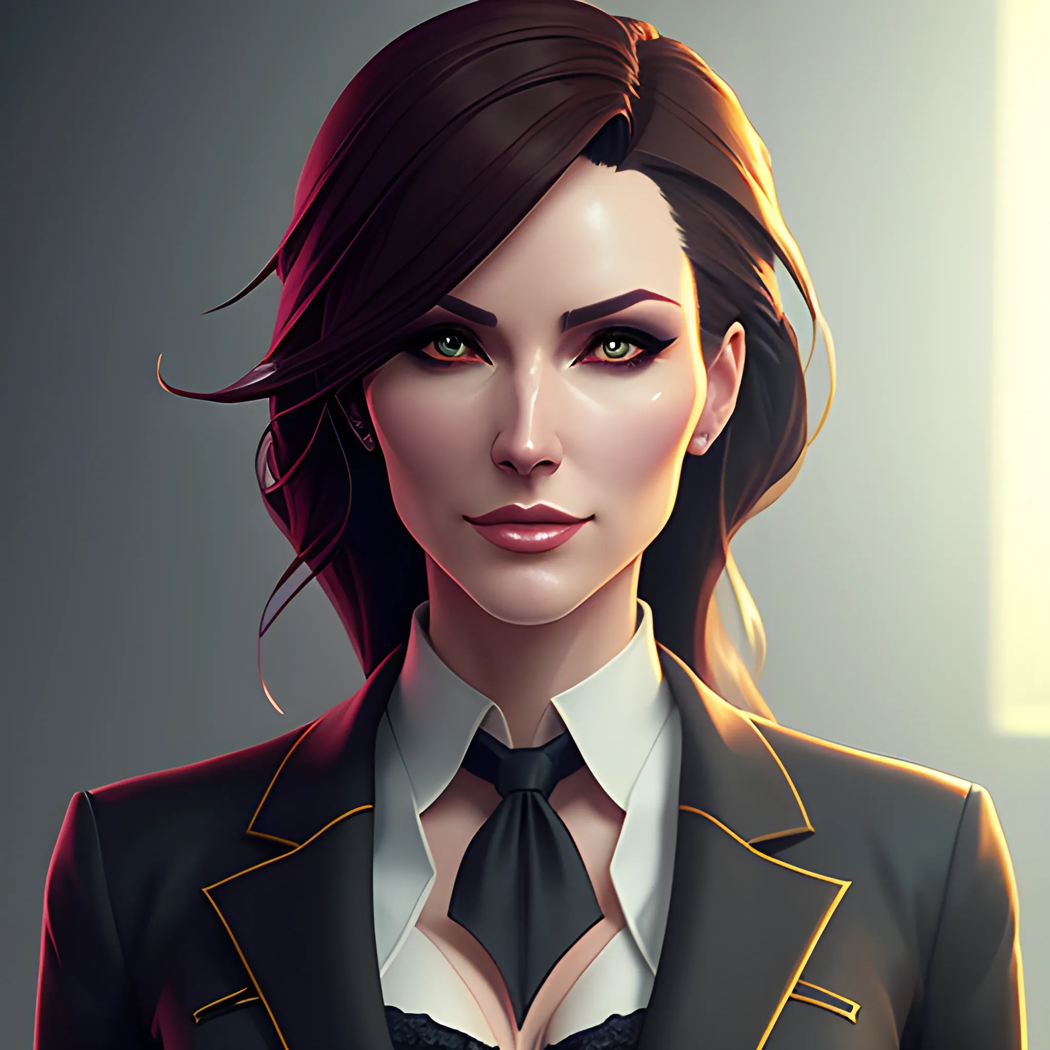 arcane style, Posh girl wearing an open blazer, tie, detailed portrait, cell shaded, 4 k, concept art, by wlop, ilya kuvshinov, artgerm, krenz cushart, greg rutkowski, pixiv. cinematic dramatic atmosphere, sharp focus, volumetric lighting, cinematic lighting, studio quality