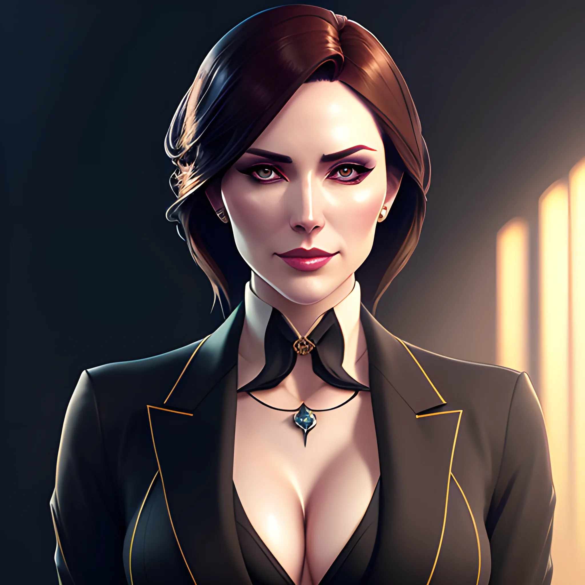 arcane style, Posh girl wearing an open blazer, tie, detailed portrait, cell shaded, 4 k, concept art, by wlop, ilya kuvshinov, artgerm, krenz cushart, greg rutkowski, pixiv. cinematic dramatic atmosphere, sharp focus, volumetric lighting, cinematic lighting, studio quality