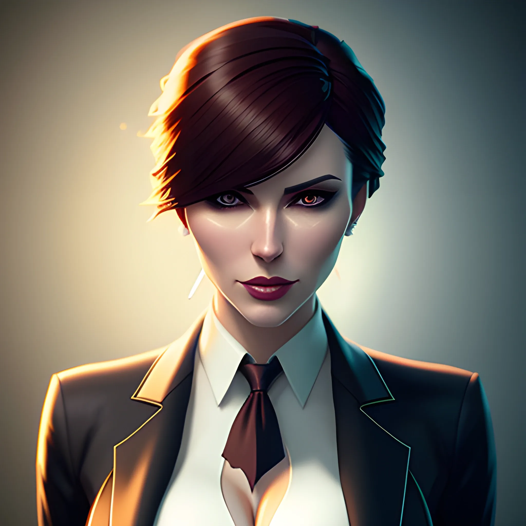 arcane style, Posh girl wearing an open blazer, tie, detailed portrait, cell shaded, 4 k, concept art, by wlop, ilya kuvshinov, artgerm, krenz cushart, greg rutkowski, pixiv. cinematic dramatic atmosphere, sharp focus, volumetric lighting, cinematic lighting.