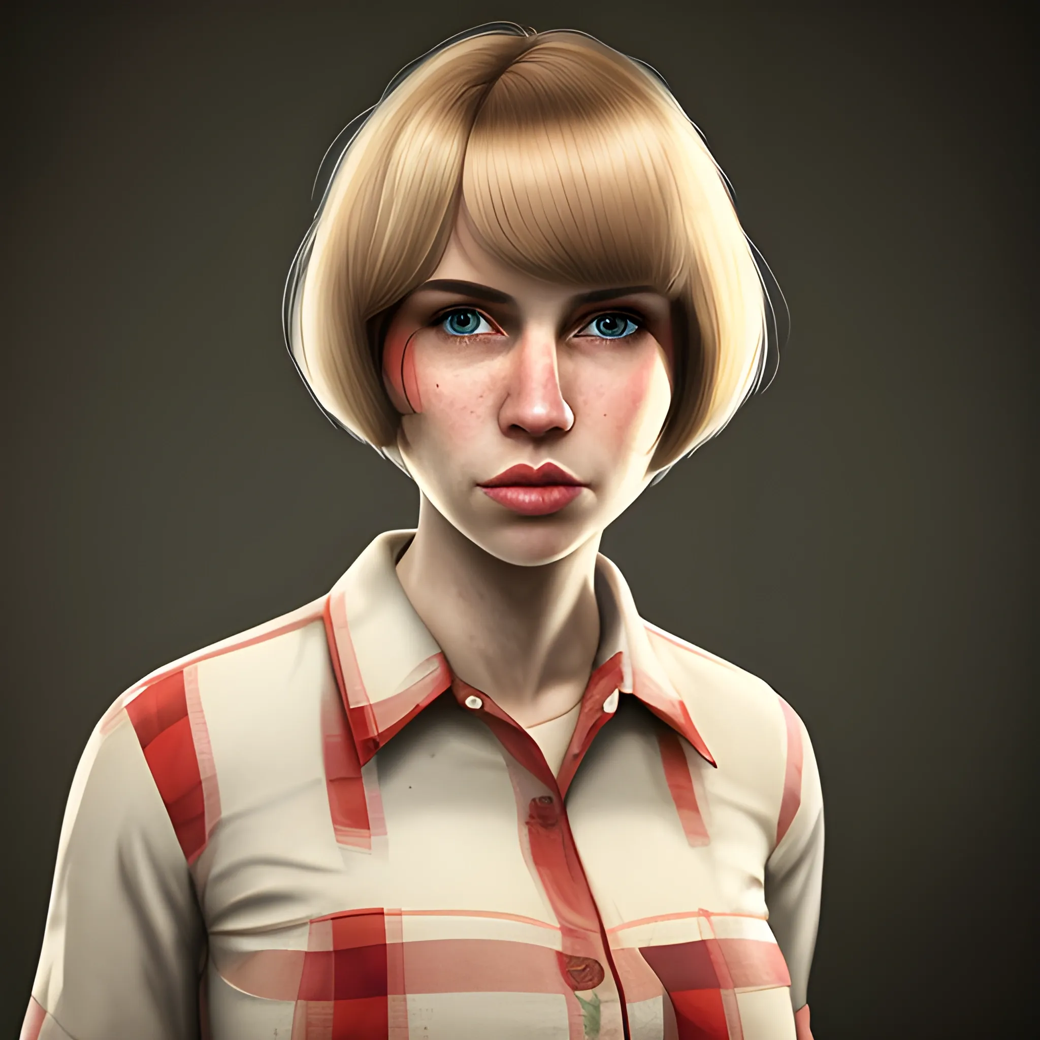 In the style of fallout 1, (masterpiece), (portrait photography), (portrait of an adult Caucasian female), no makeup, flat chested, white sports bra, unbuttoned red flannel shirt, bob-cut hairstyle, blond hair, brown eyes, full lips, round face, round nose