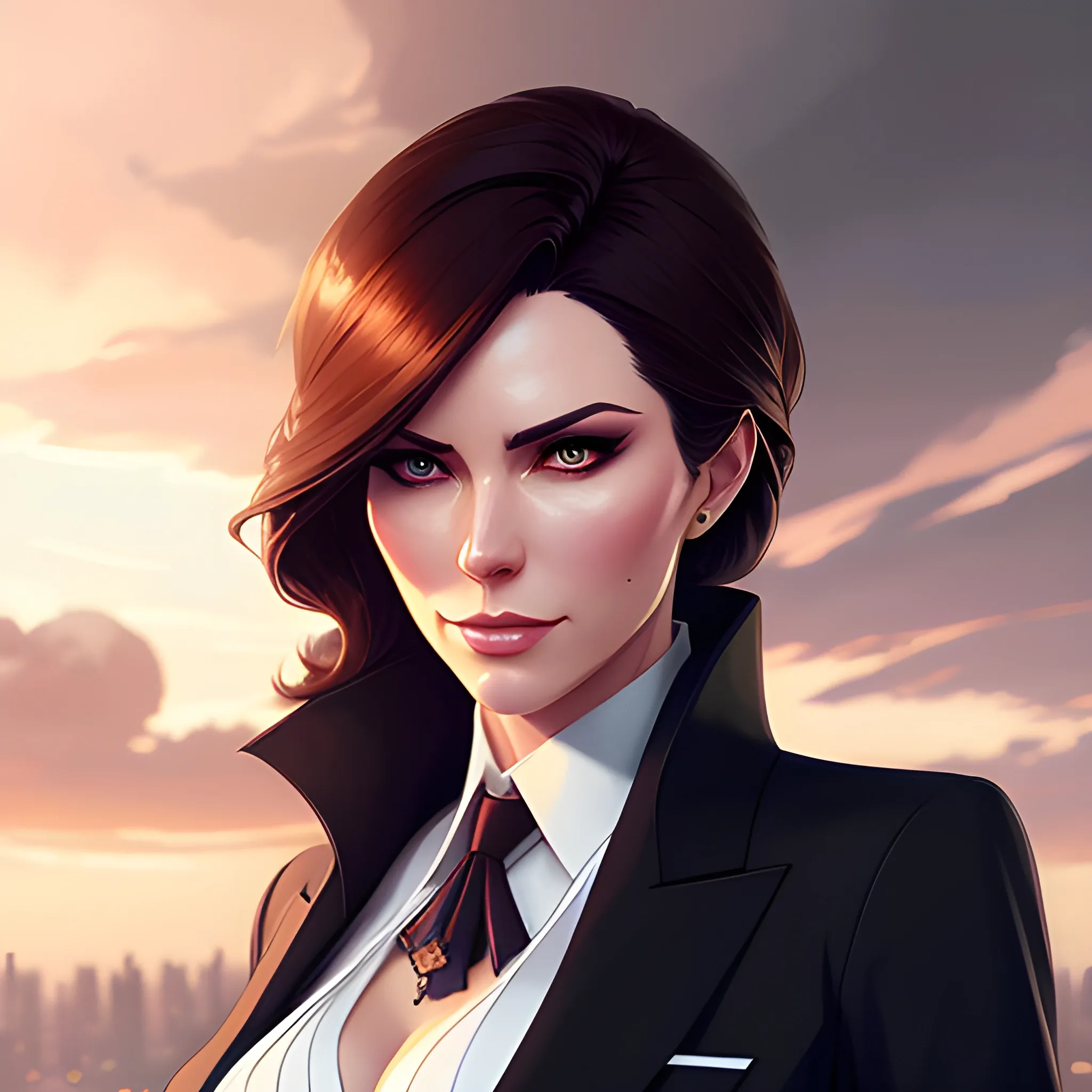 arcane style, Posh girl wearing an open blazer, tie, detailed portrait, cell shaded, 4 k, concept art, by wlop, ilya kuvshinov, artgerm, krenz cushart, greg rutkowski, pixiv. cinematic dramatic atmosphere, sharp focus