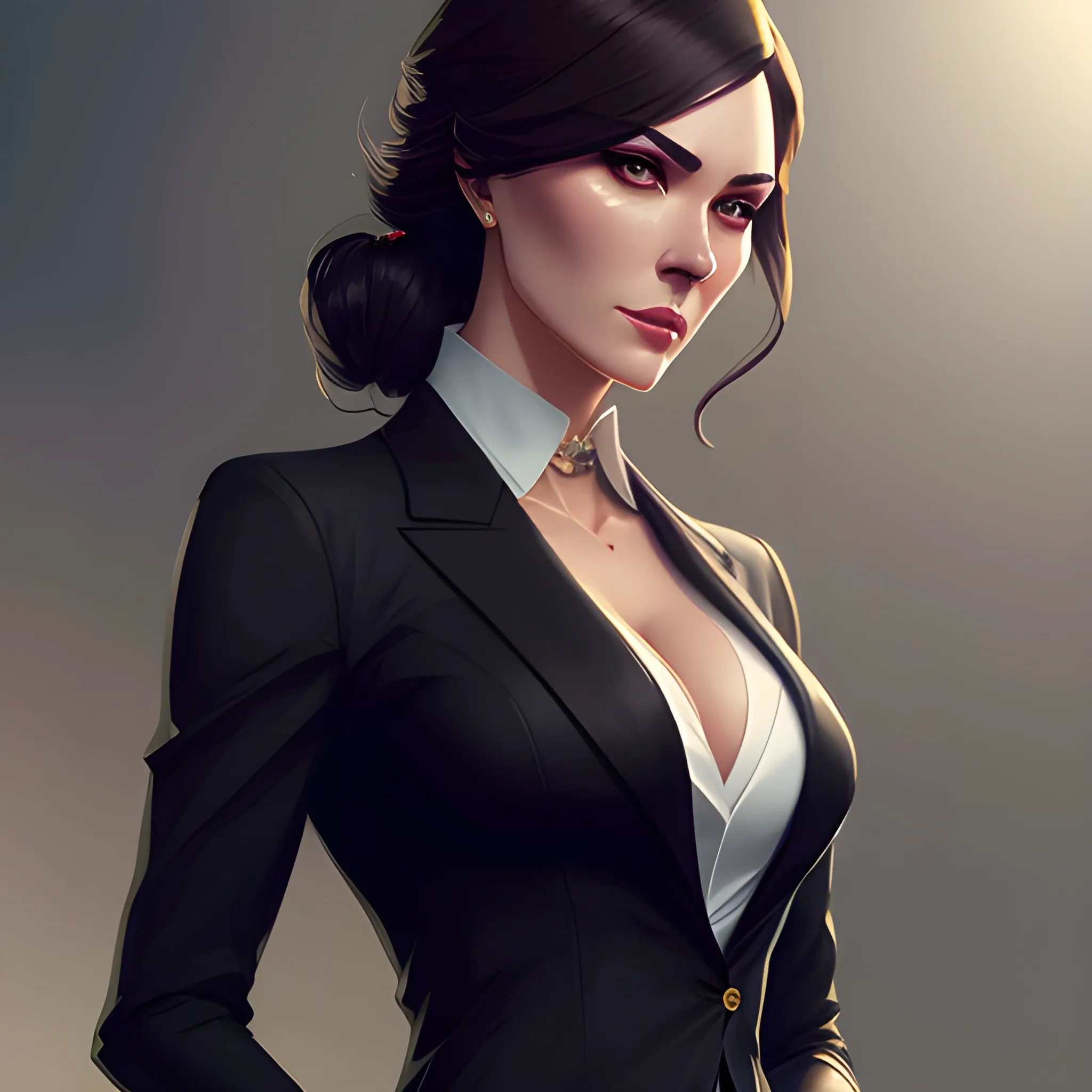 arcane style, Posh girl wearing an open blazer, tie, detailed portrait, cell shaded, 4 k, concept art, by wlop, ilya kuvshinov, artgerm, krenz cushart, greg rutkowski, pixiv. cinematic dramatic atmosphere, sharp focus